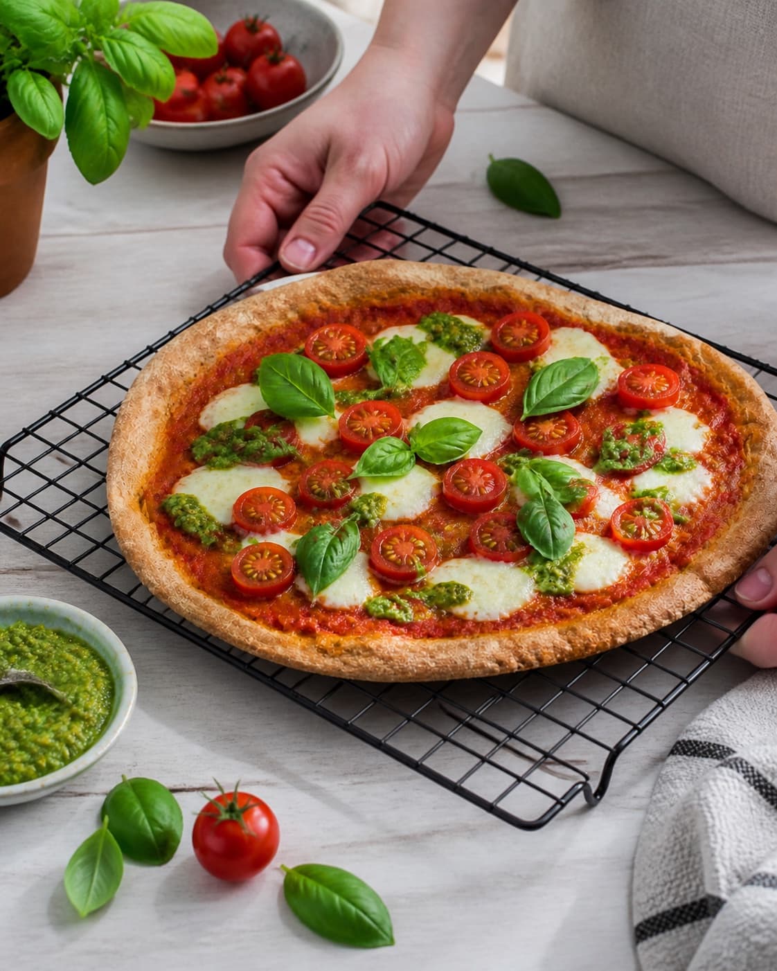 Golden baked fuldkornspizza med pesto, mozzarella og friske tomater cooling on a wire rack under tilberedningen af fuldkornspizza med pesto, mozzarella og friske tomater