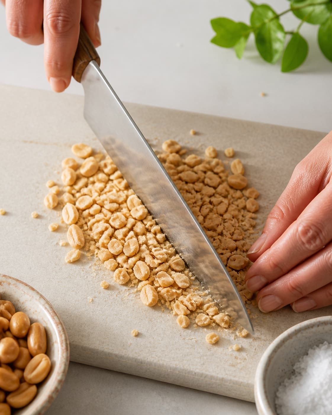 Ingredients for hjemmelavet peanutbutter being cut into even pieces under tilberedningen af hjemmelavet peanutbutter