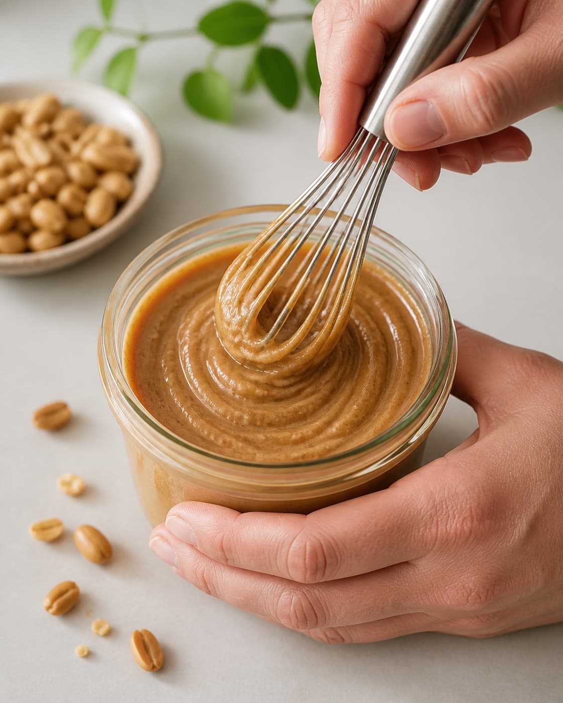 Dressing for hjemmelavet peanutbutter being whisked until glossy under tilberedningen af hjemmelavet peanutbutter
