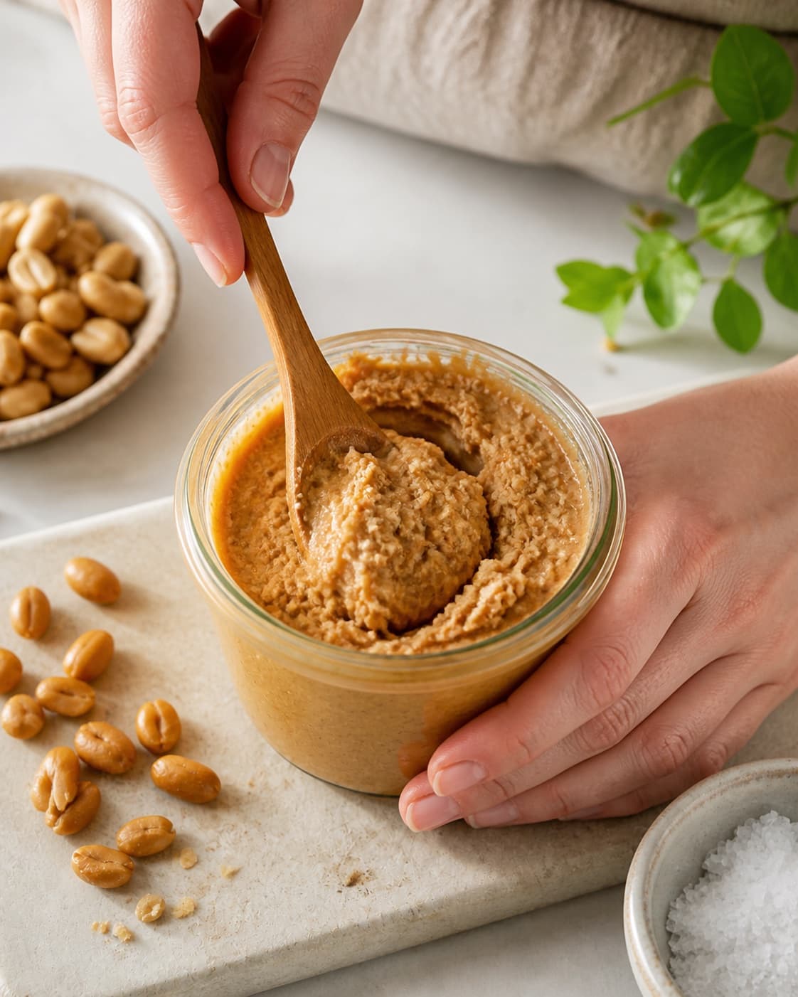 hjemmelavet peanutbutter being gently combined without crushing the ingredients under tilberedningen af hjemmelavet peanutbutter