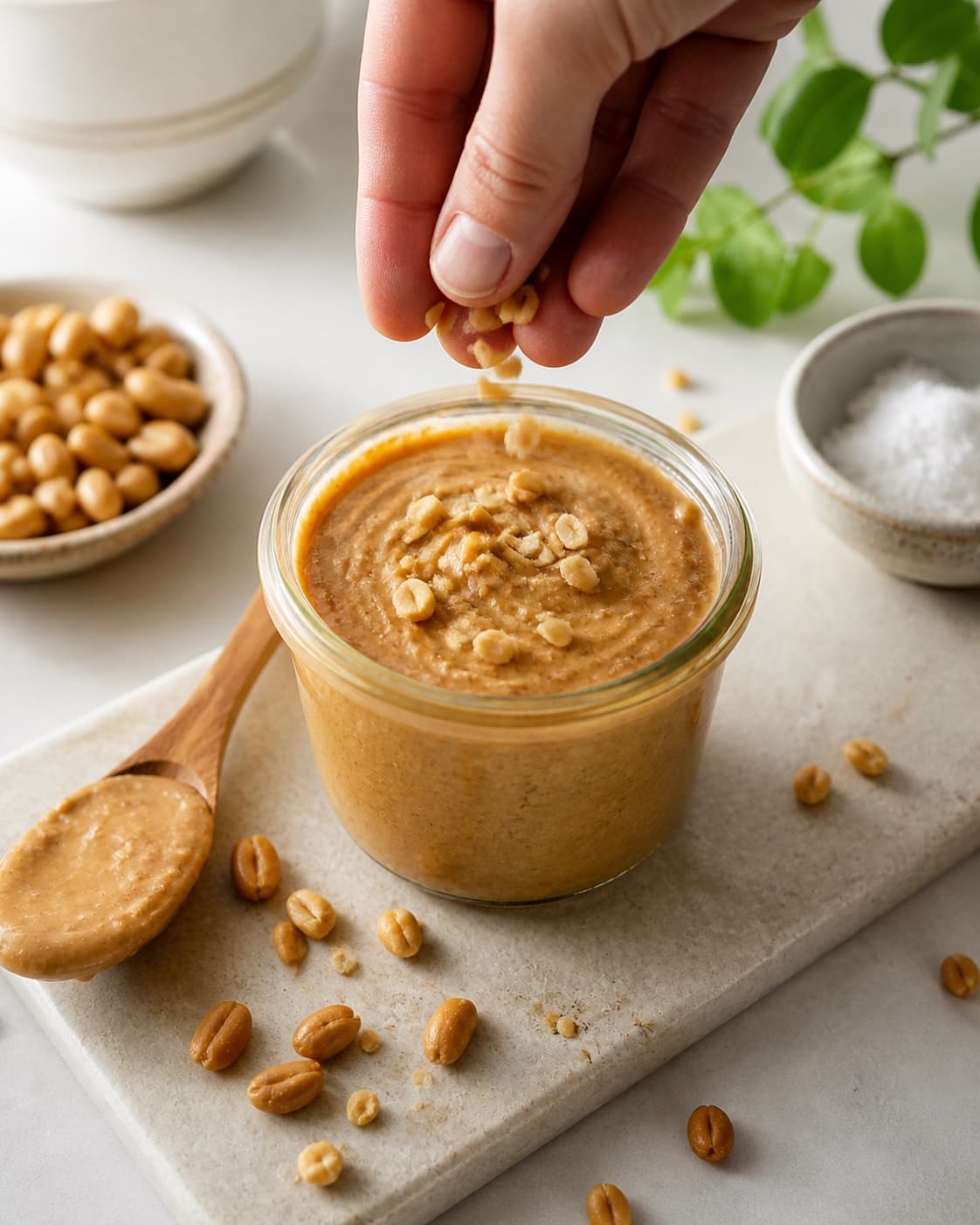 Fresh finished hjemmelavet peanutbutter receiving its final garnish under tilberedningen af hjemmelavet peanutbutter