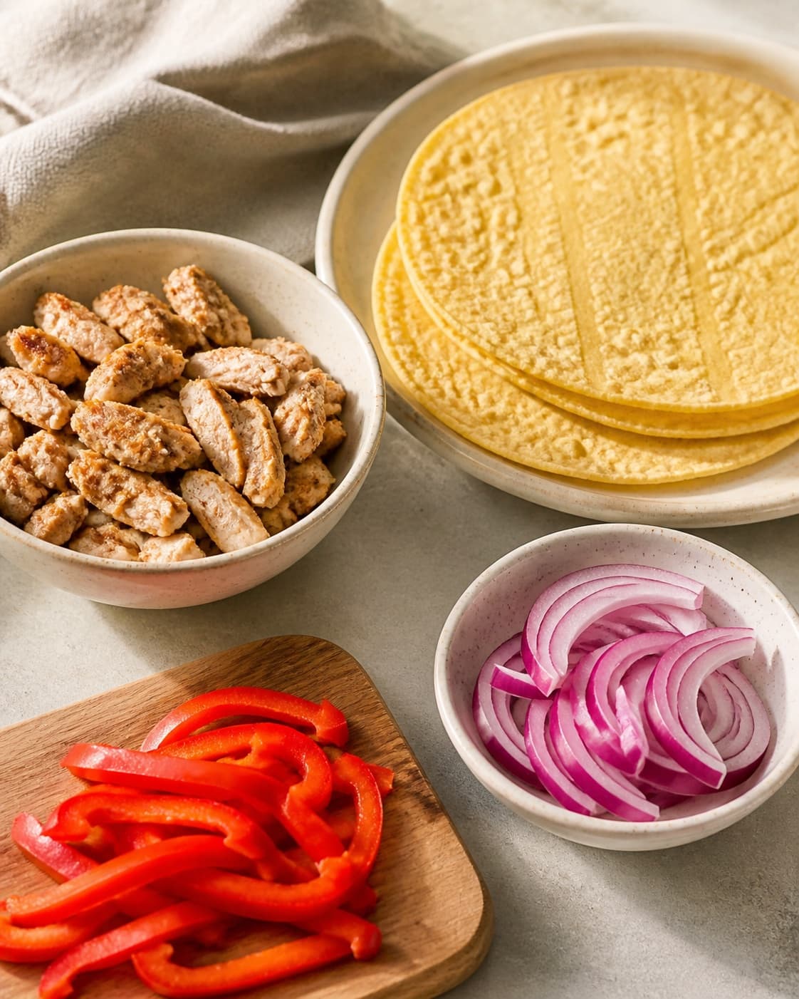 Mise en place for majstortillas med mexikrydret kylling with majstortillas, kyllingekød, rød peberfrugt, rødløg under tilberedningen af majstortillas med mexikrydret kylling