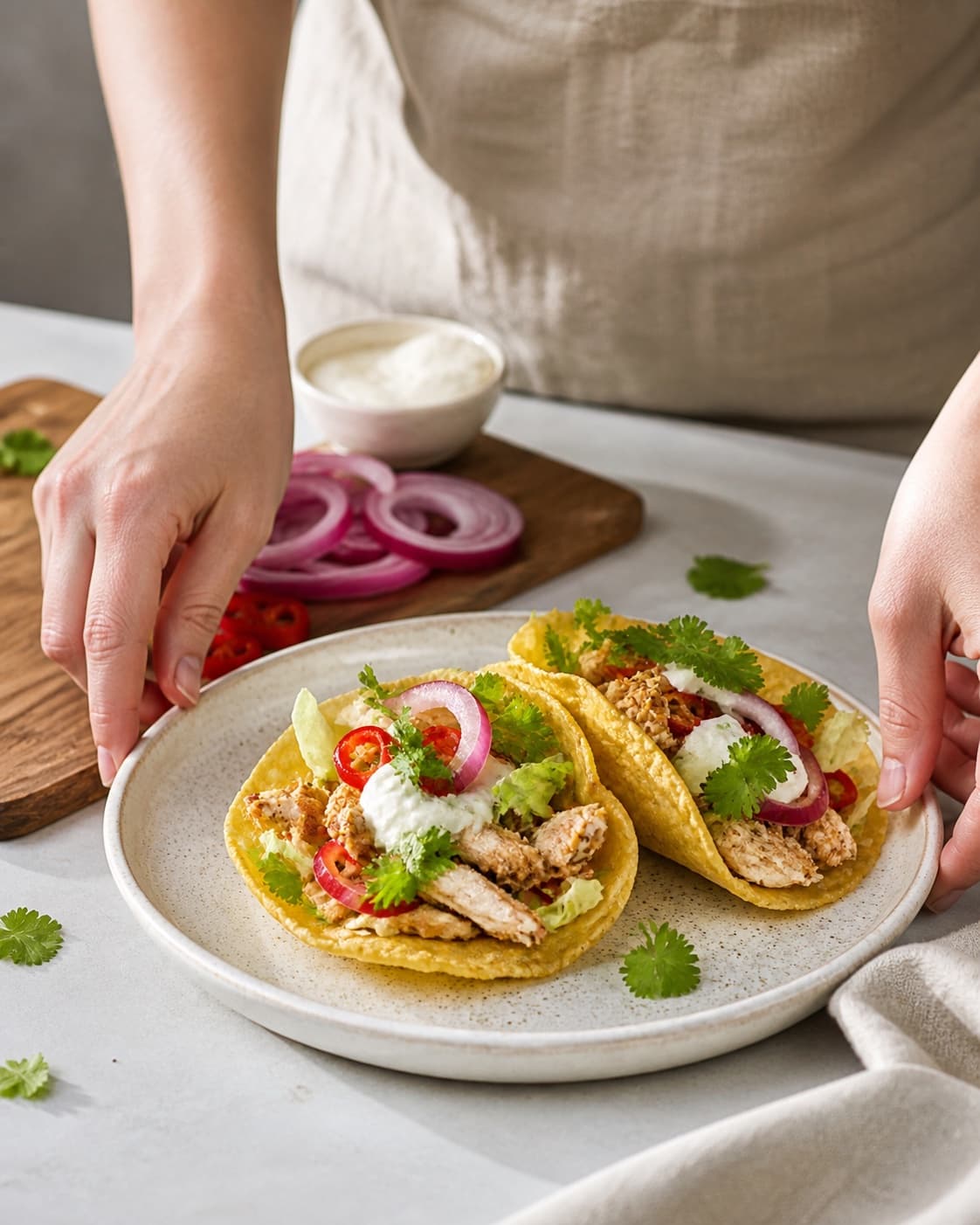 Finished majstortillas med mexikrydret kylling being served with a fresh restrained garnish under tilberedningen af majstortillas med mexikrydret kylling