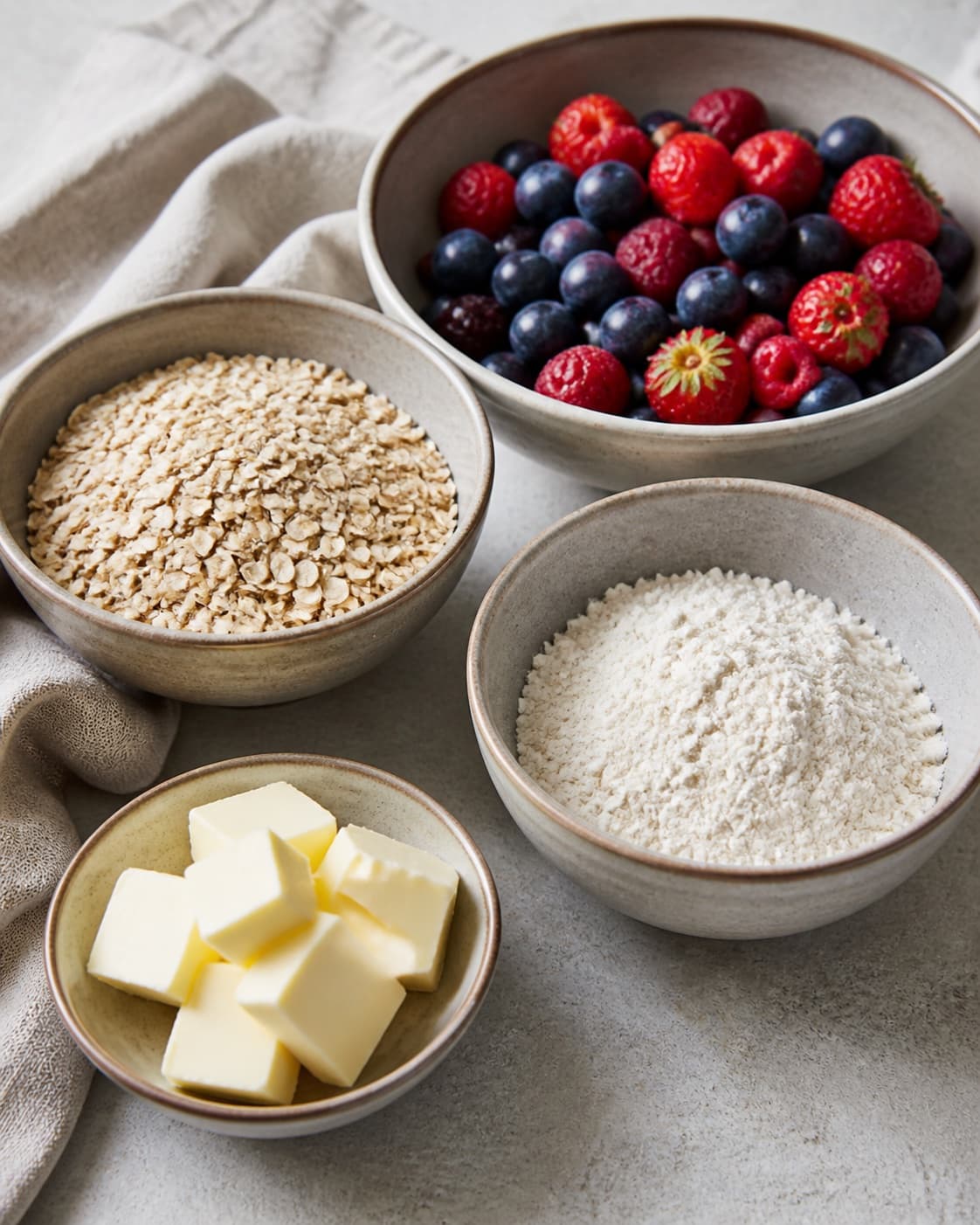Measured ingredients for bærcrumble med valgfrie bær arranged separately with blandede bær, grove havregryn, hvedemel, smør under tilberedningen af bærcrumble med valgfrie bær