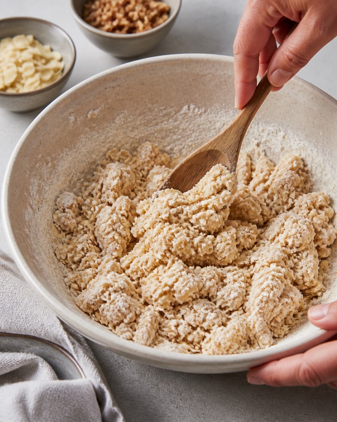 The batter or dough for bærcrumble med valgfrie bær being gently combined under tilberedningen af bærcrumble med valgfrie bær