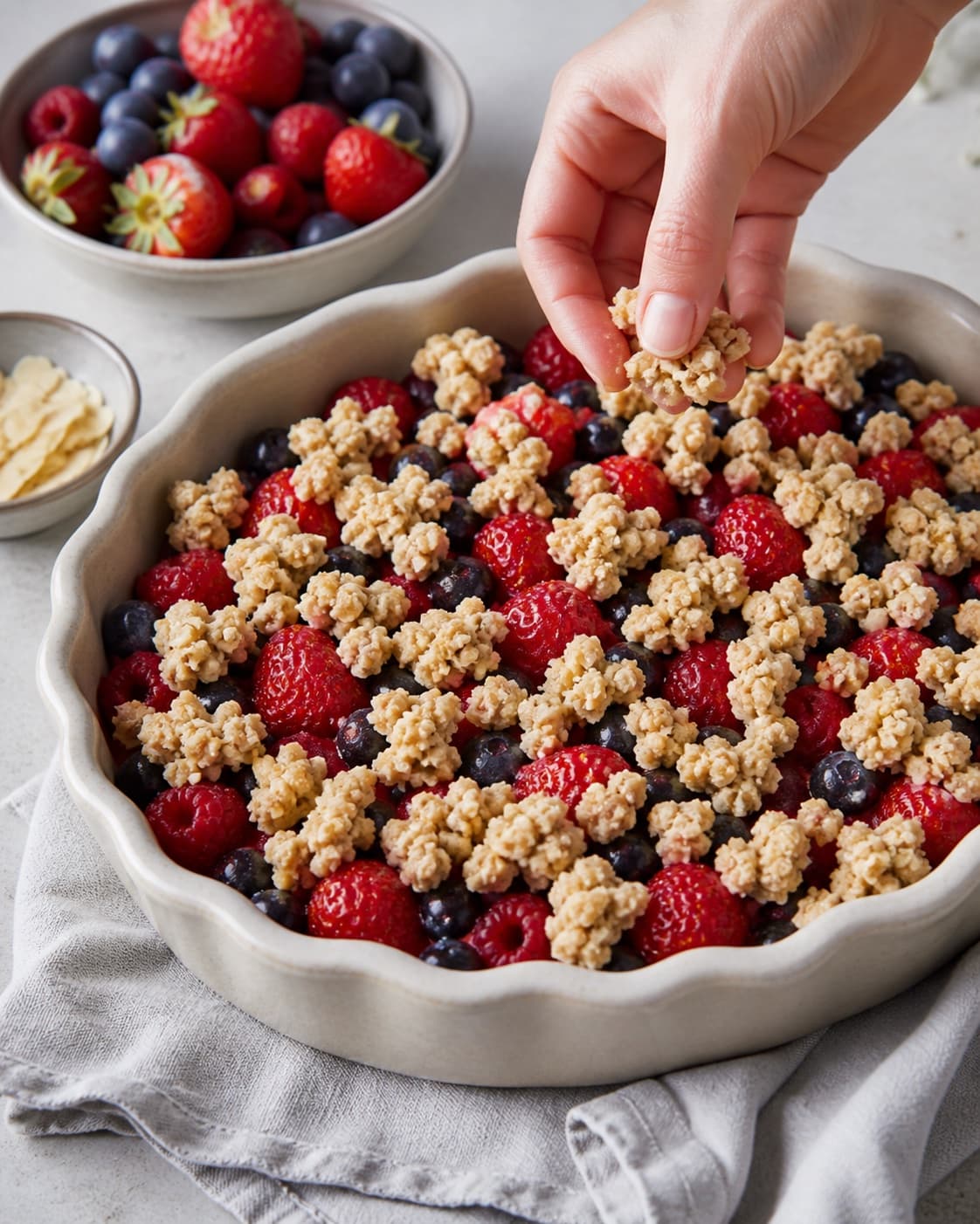 bærcrumble med valgfrie bær being portioned evenly before baking under tilberedningen af bærcrumble med valgfrie bær