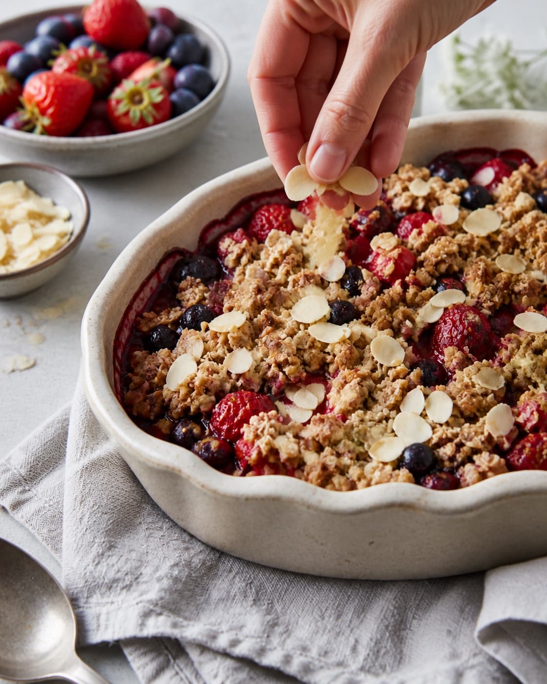 Finished bærcrumble med valgfrie bær receiving its final garnish after cooling under tilberedningen af bærcrumble med valgfrie bær