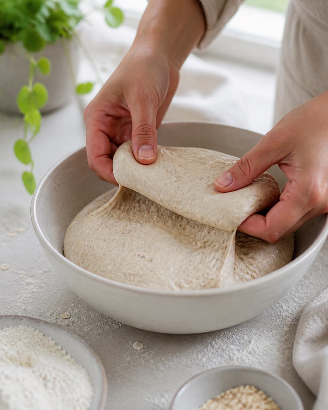 Hands gently folding elastic dough for koldhævede boller under tilberedningen af koldhævede boller