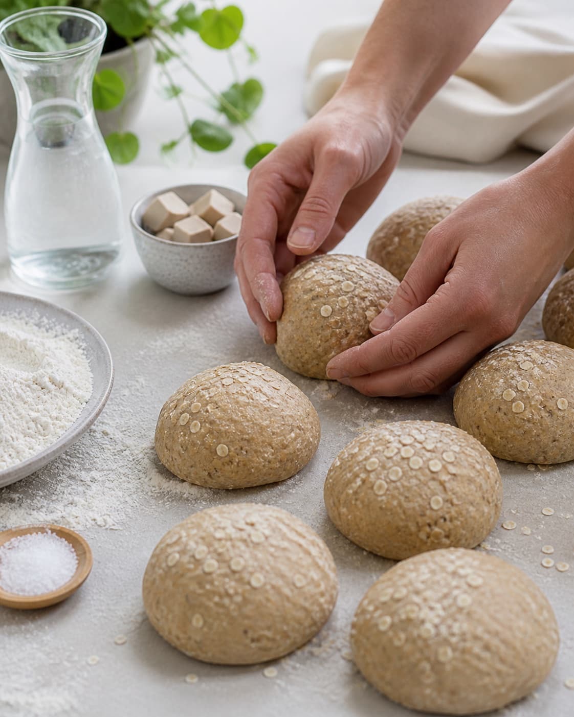 Even pieces of koldhævede boller being shaped before baking under tilberedningen af koldhævede boller
