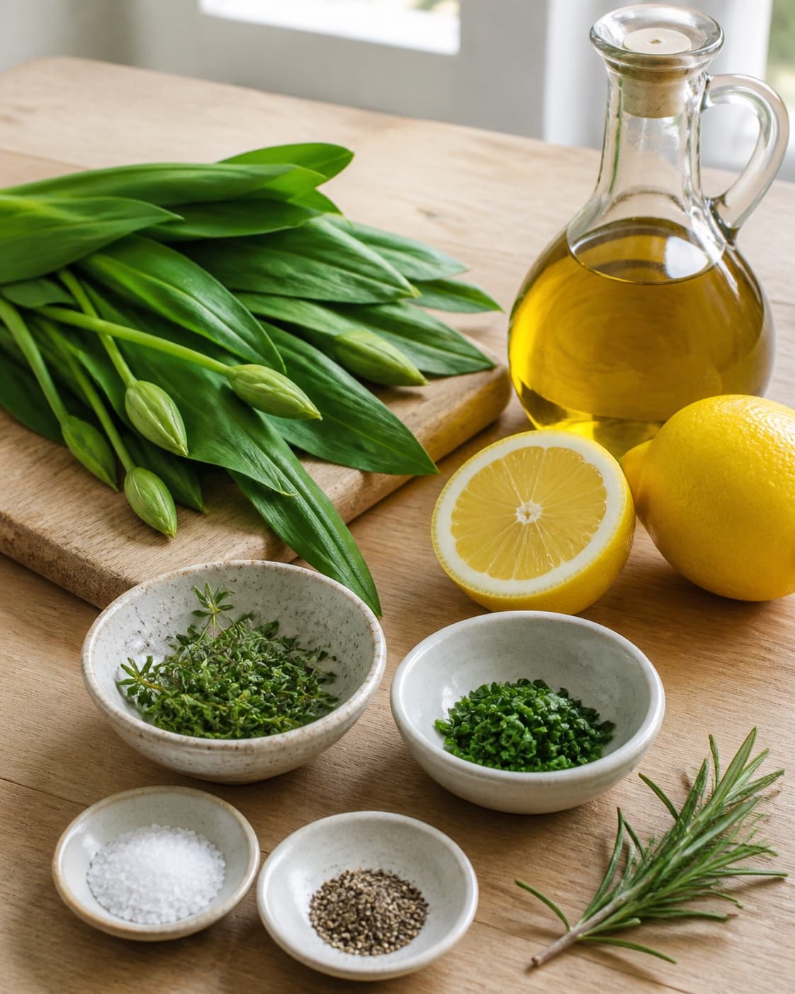 Clean prepared ingredients for ramsløgsolie til brød, salat og tapas with friske ramsløg, økologisk citron, ekstra jomfruolivenolie, friske krydderurter under tilberedningen af ramsløgsolie til brød, salat og tapas