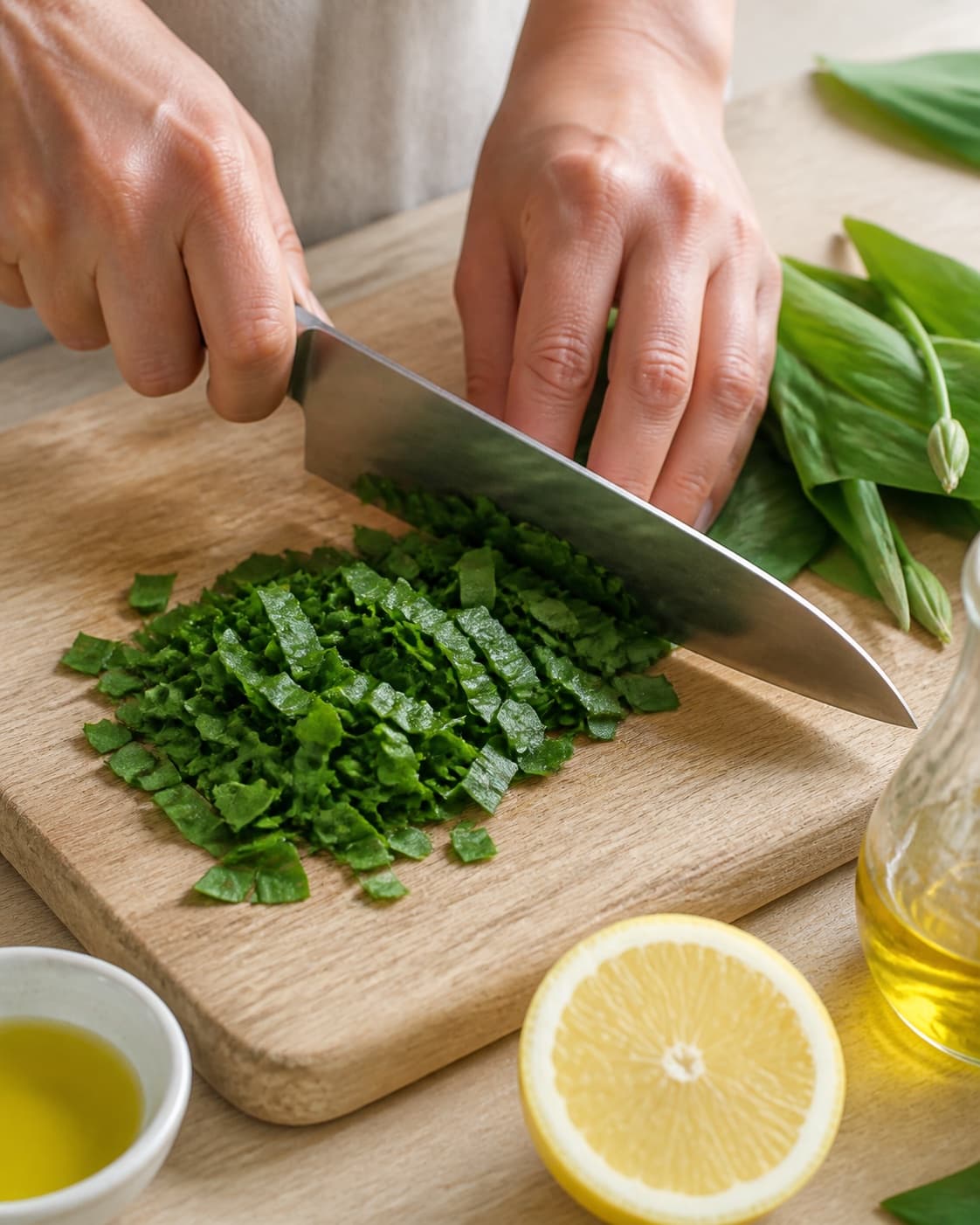 Ingredients for ramsløgsolie til brød, salat og tapas being cut into even pieces under tilberedningen af ramsløgsolie til brød, salat og tapas