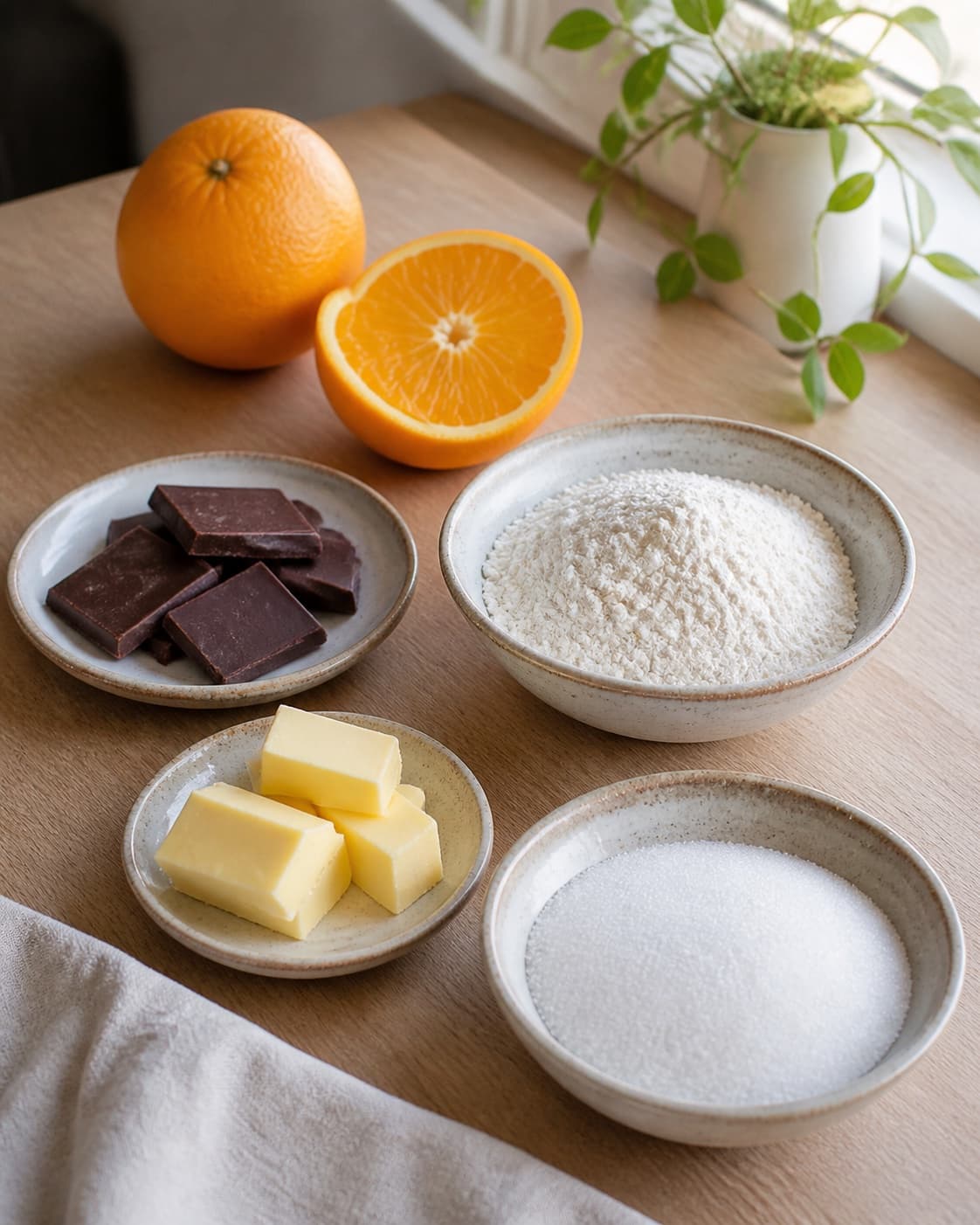 Measured ingredients for appelsinkage med chokolade arranged separately with økologisk appelsin, mørk chokolade, hvedemel, smør under tilberedningen af appelsinkage med chokolade