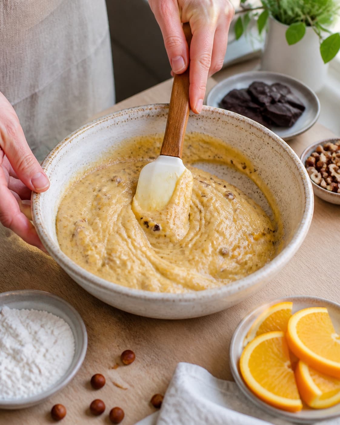 The batter or dough for appelsinkage med chokolade being gently combined under tilberedningen af appelsinkage med chokolade