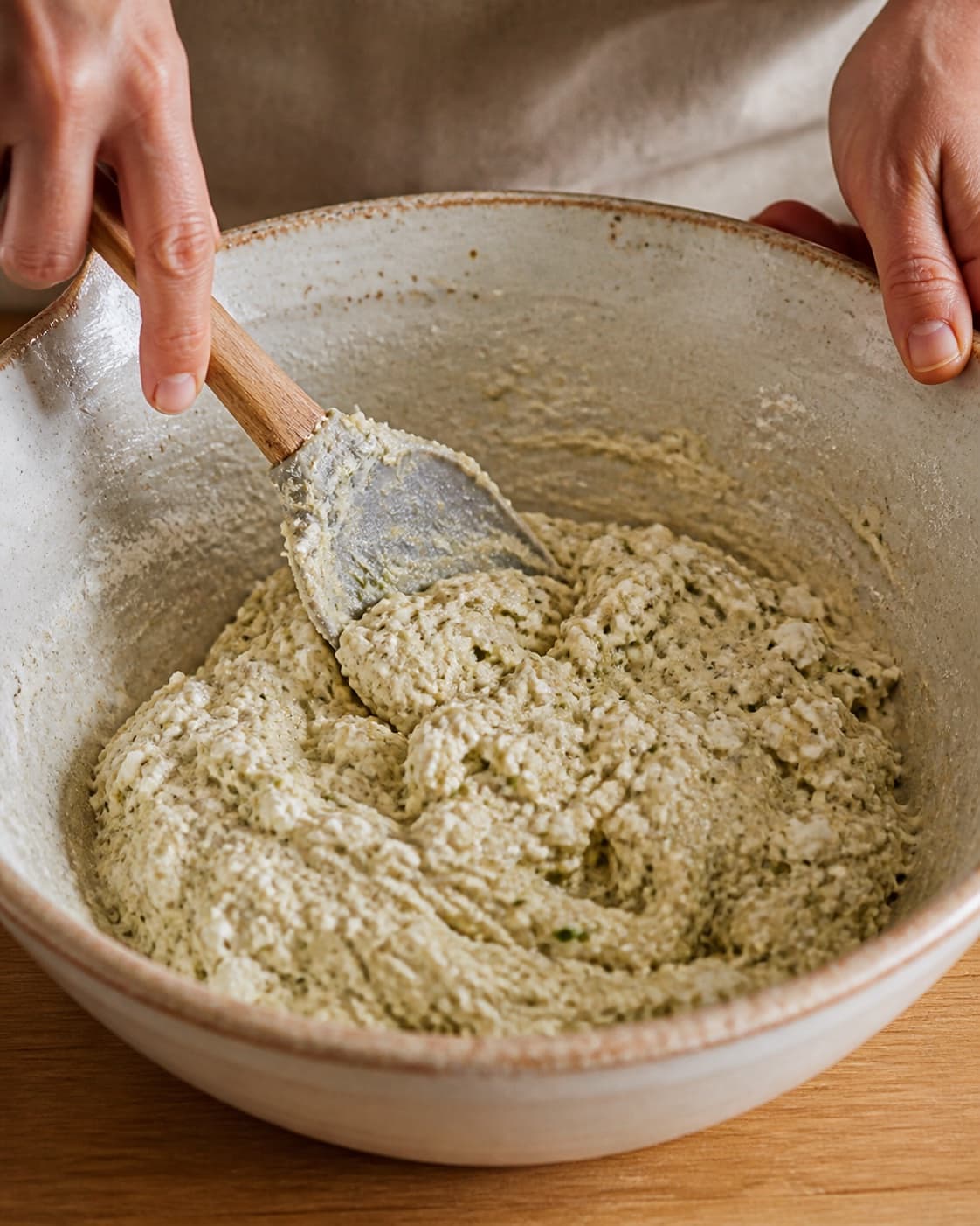 Close view of the moist dough for brød med gedeost og pesto being mixed in a bowl with gedeost, basilikumpesto, hvedemel, lunkent vand under tilberedningen af brød med gedeost og pesto