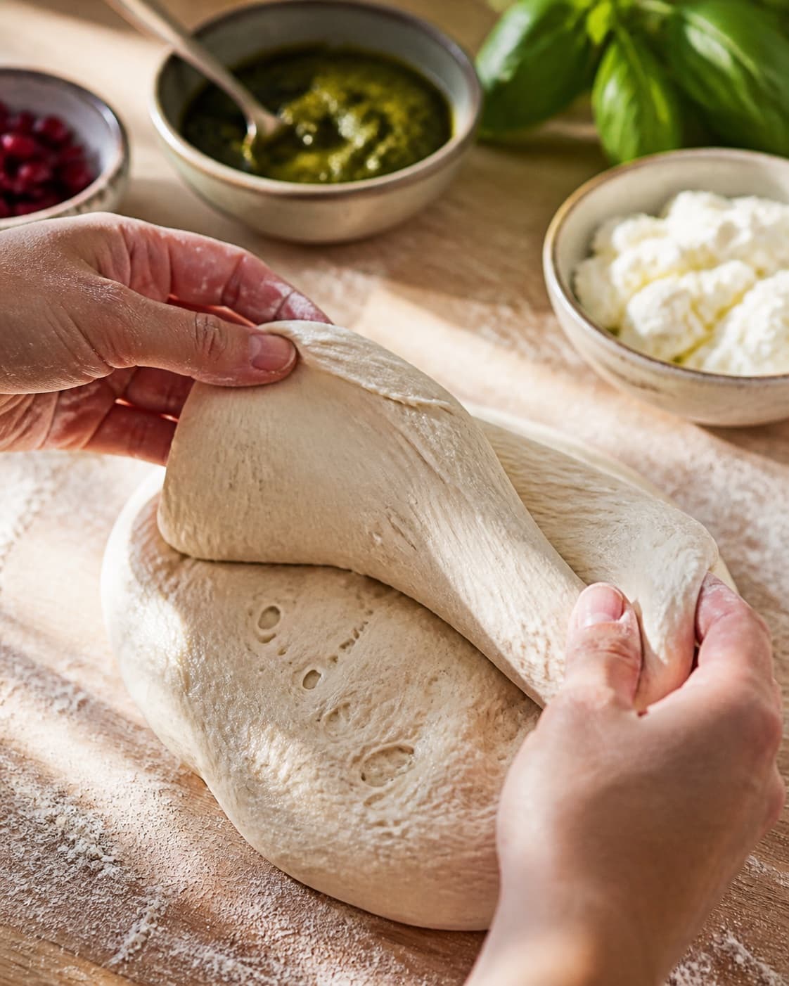 Hands gently folding elastic dough for brød med gedeost og pesto under tilberedningen af brød med gedeost og pesto