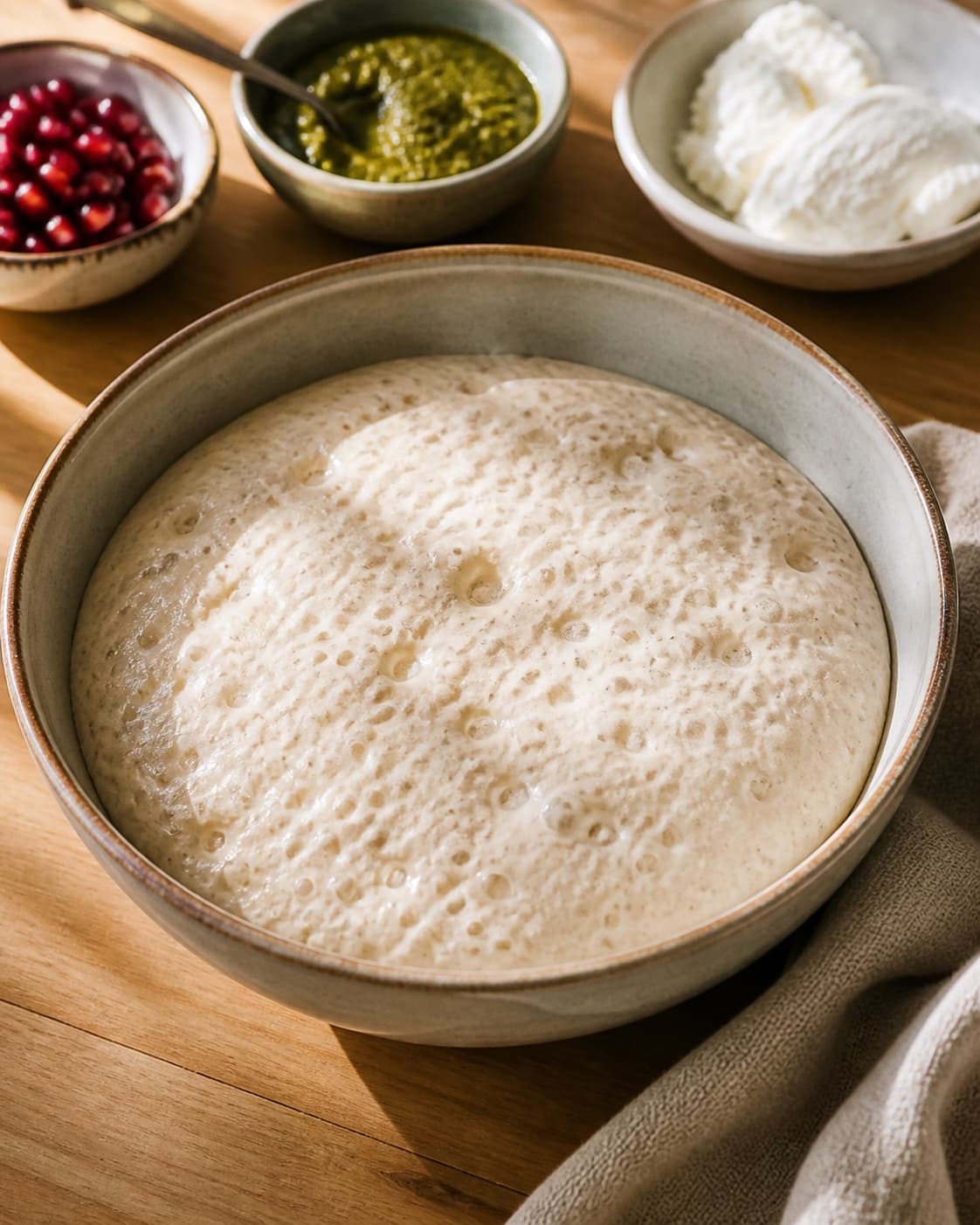 Proofed airy dough for brød med gedeost og pesto with visible fermentation bubbles under tilberedningen af brød med gedeost og pesto