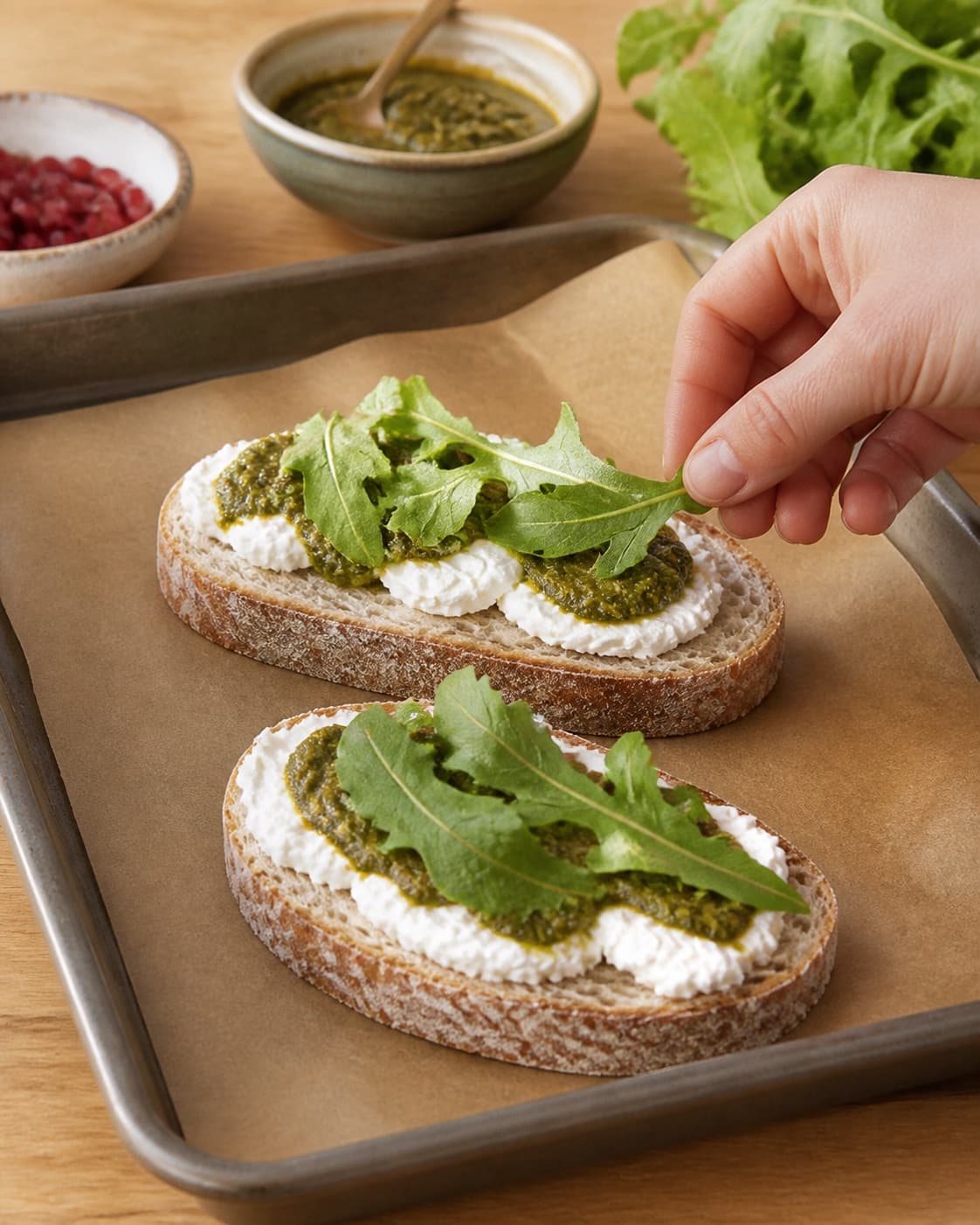 Even pieces of brød med gedeost og pesto being shaped before baking under tilberedningen af brød med gedeost og pesto