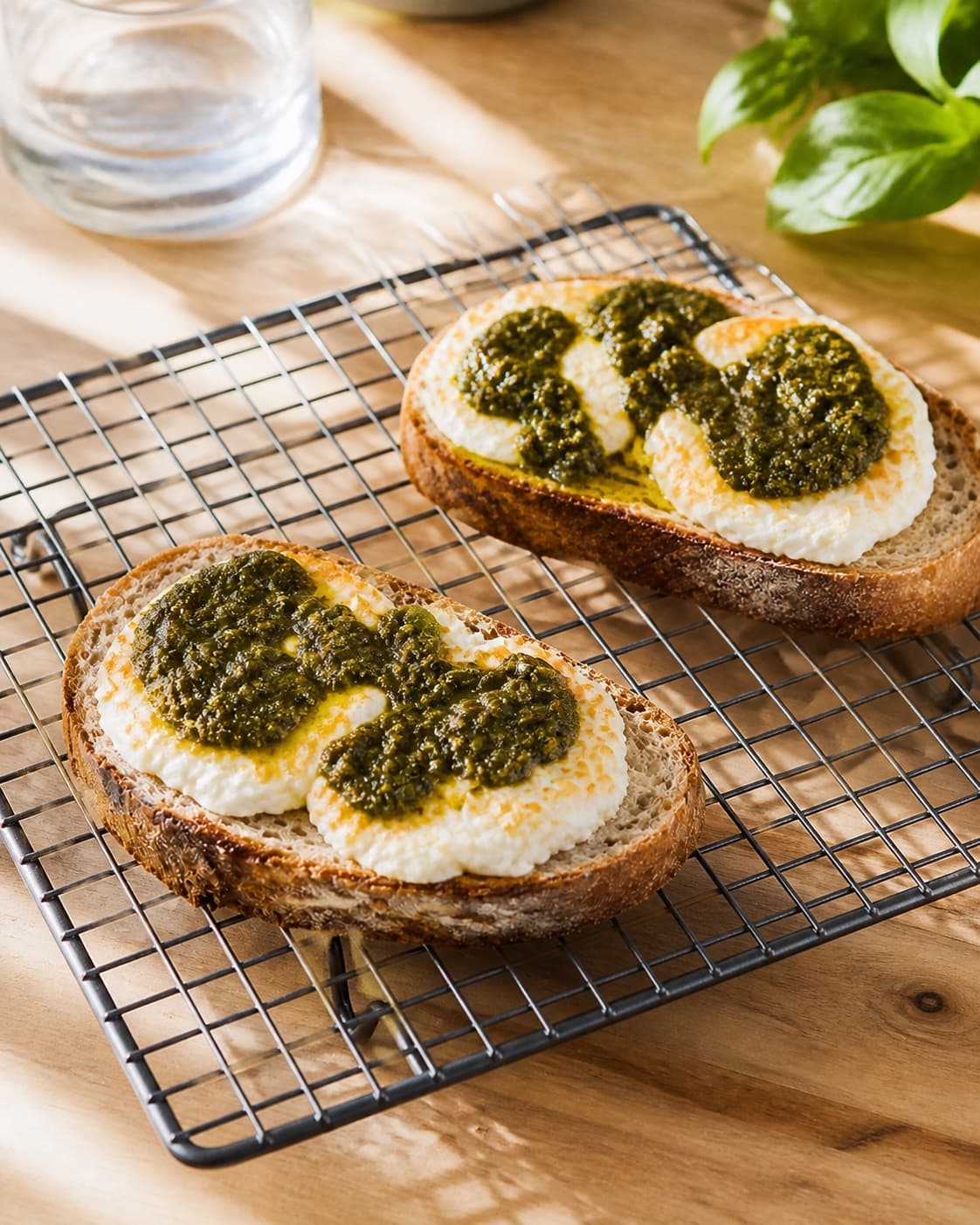 Golden baked brød med gedeost og pesto cooling on a wire rack under tilberedningen af brød med gedeost og pesto