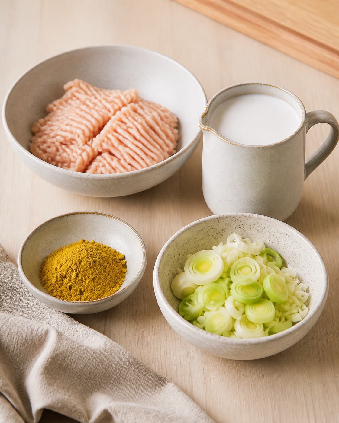 Mise en place for kyllingeboller i karry med kokosmælk with kyllingefars, kokosmælk, karryblanding, zittauerløg under tilberedningen af kyllingeboller i karry med kokosmælk