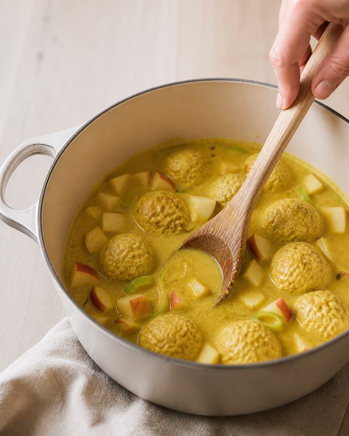 The texture of kyllingeboller i karry med kokosmælk being adjusted in the pot under tilberedningen af kyllingeboller i karry med kokosmælk