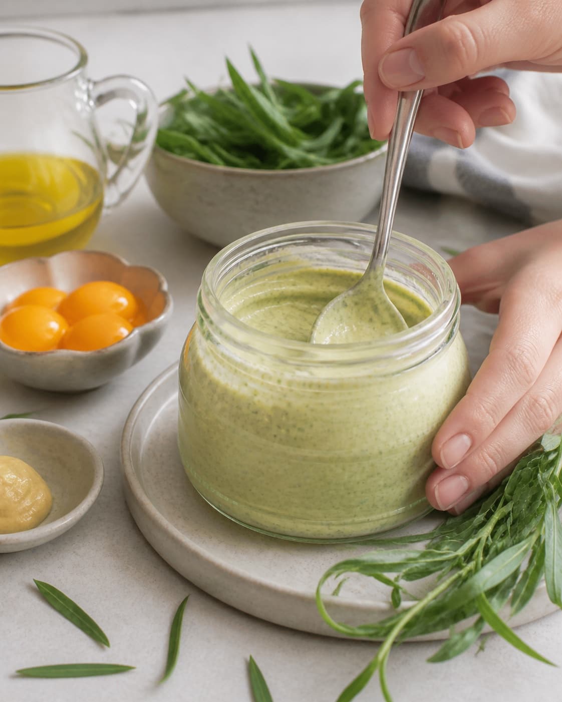 hjemmelavet estragonmayo being gently combined without crushing the ingredients under tilberedningen af hjemmelavet estragonmayo