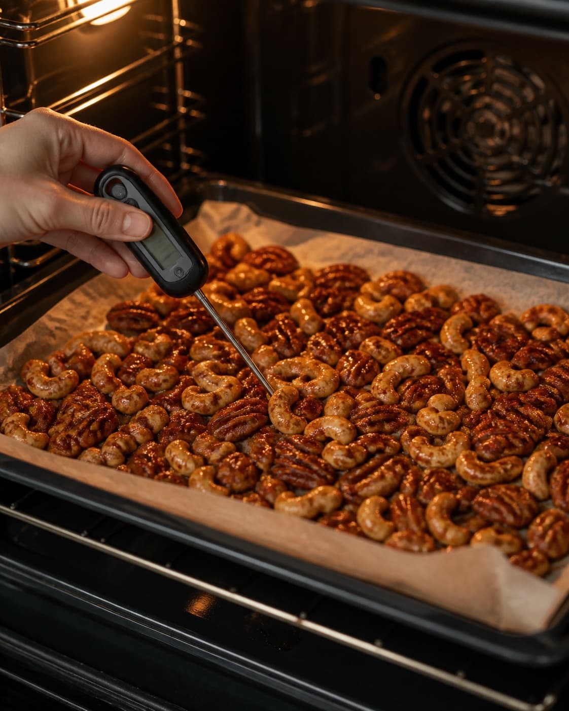 honningristede nødder med kanel roasting evenly while its centre temperature is checked under tilberedningen af honningristede nødder med kanel