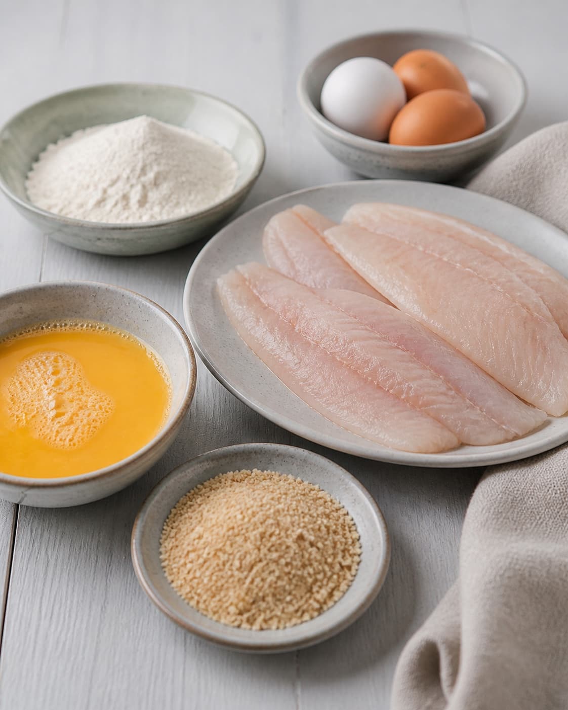 Prepared mixture for fiskefilet med hjemmelavet remoulade with rødspættefileter, æg, rugmel, rasp under tilberedningen af fiskefilet med hjemmelavet remoulade