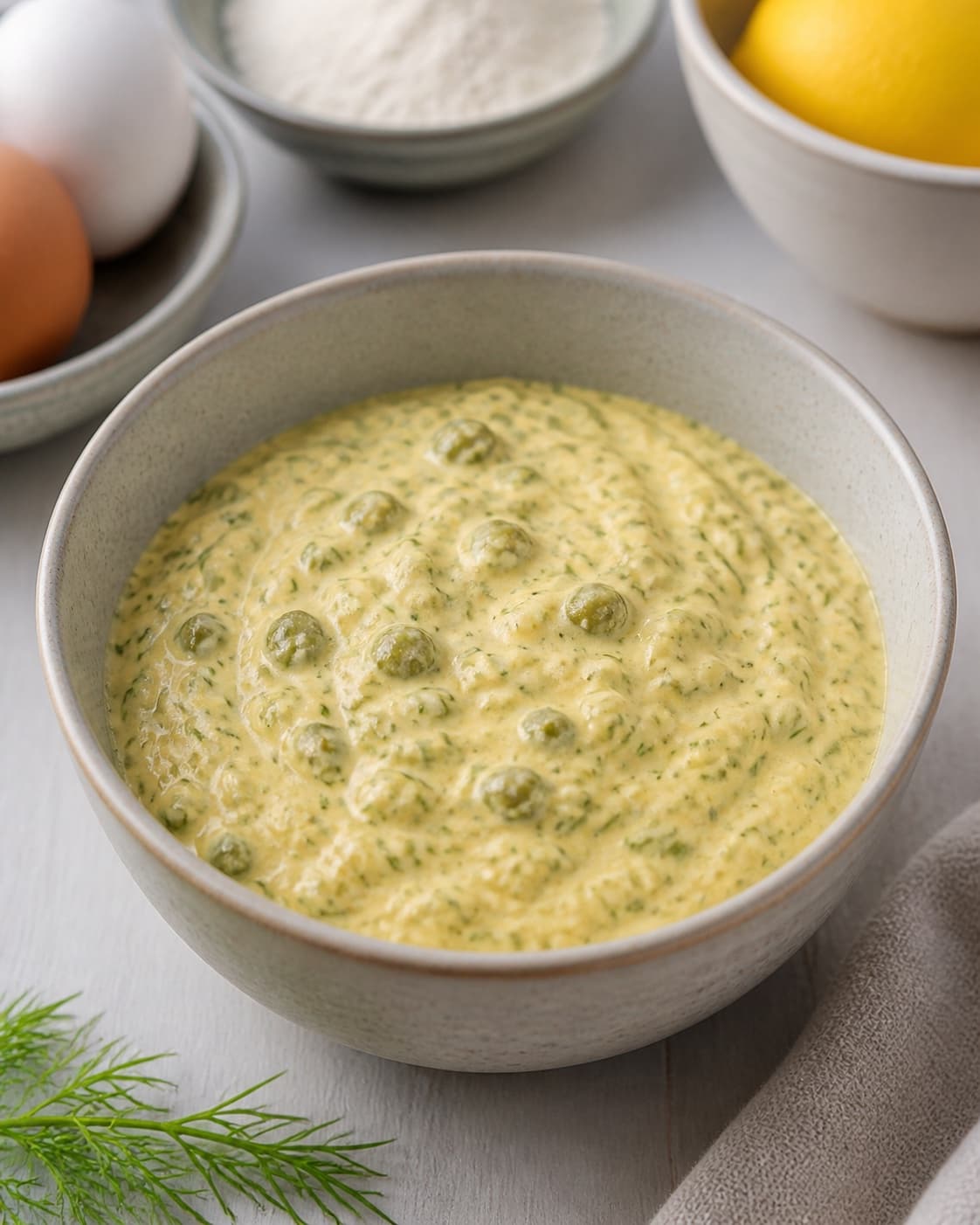 Rested cohesive mixture for fiskefilet med hjemmelavet remoulade ready for the pan under tilberedningen af fiskefilet med hjemmelavet remoulade