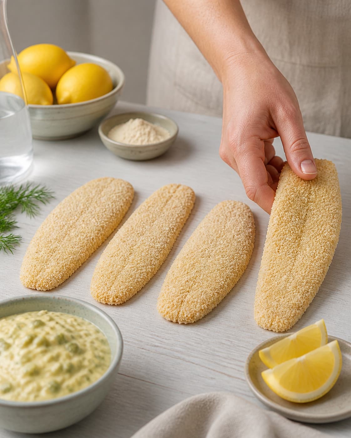 Equal portions of fiskefilet med hjemmelavet remoulade being formed under tilberedningen af fiskefilet med hjemmelavet remoulade