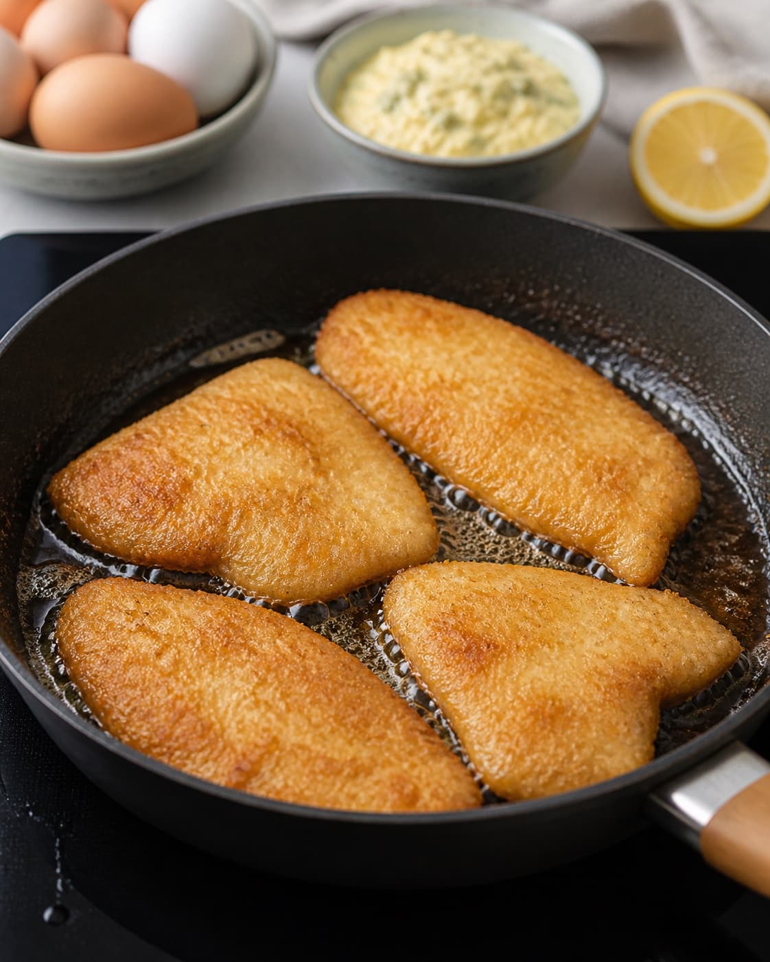 fiskefilet med hjemmelavet remoulade frying to an even golden crust in a pan under tilberedningen af fiskefilet med hjemmelavet remoulade