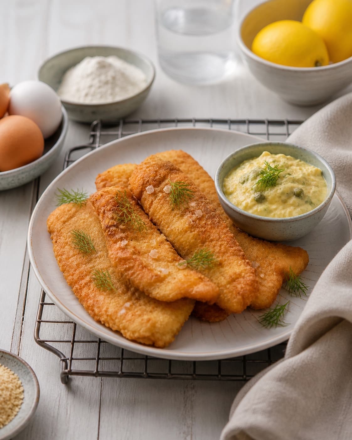 Golden fiskefilet med hjemmelavet remoulade resting briefly before serving under tilberedningen af fiskefilet med hjemmelavet remoulade