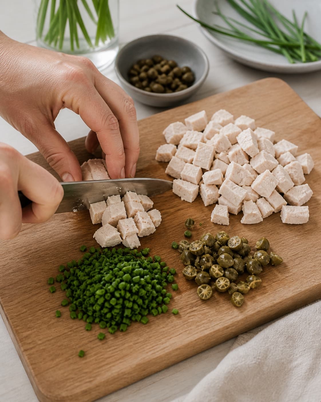 Ingredients for kyllingesalat med purløg og kapers being cut into even pieces under tilberedningen af kyllingesalat med purløg og kapers