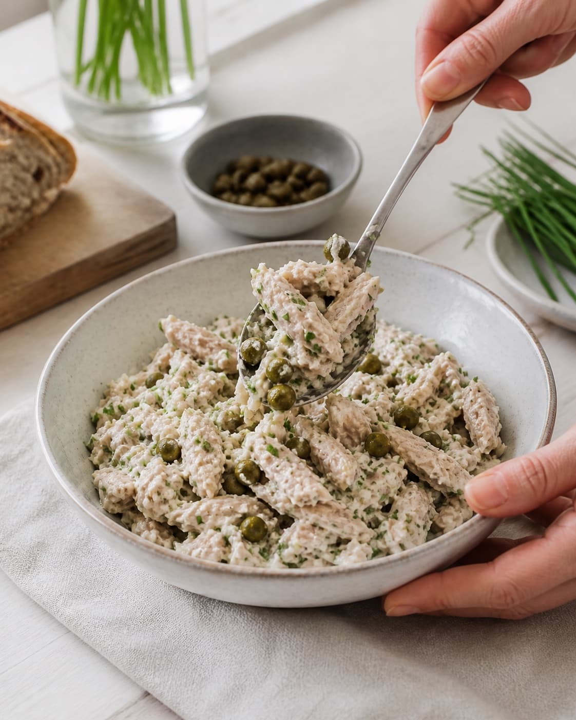 kyllingesalat med purløg og kapers being gently combined without crushing the ingredients under tilberedningen af kyllingesalat med purløg og kapers