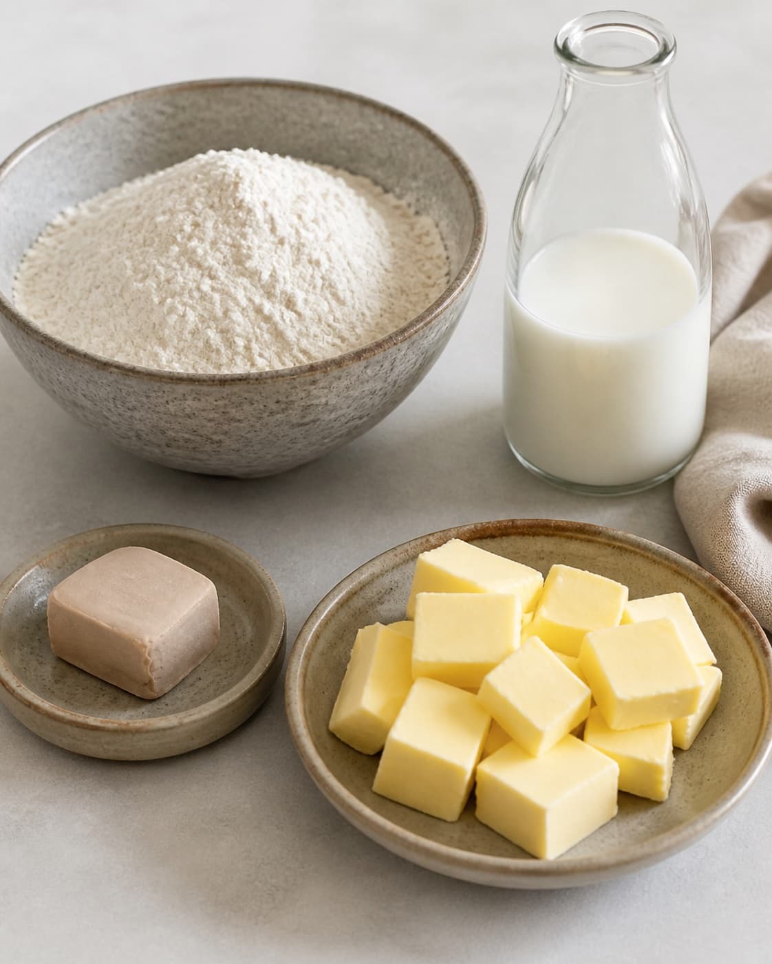 Measured ingredients for sunde kanelsnurrer uden raffineret sukker arranged separately with hvedemel, sødmælk, gær, smør under tilberedningen af sunde kanelsnurrer uden raffineret sukker