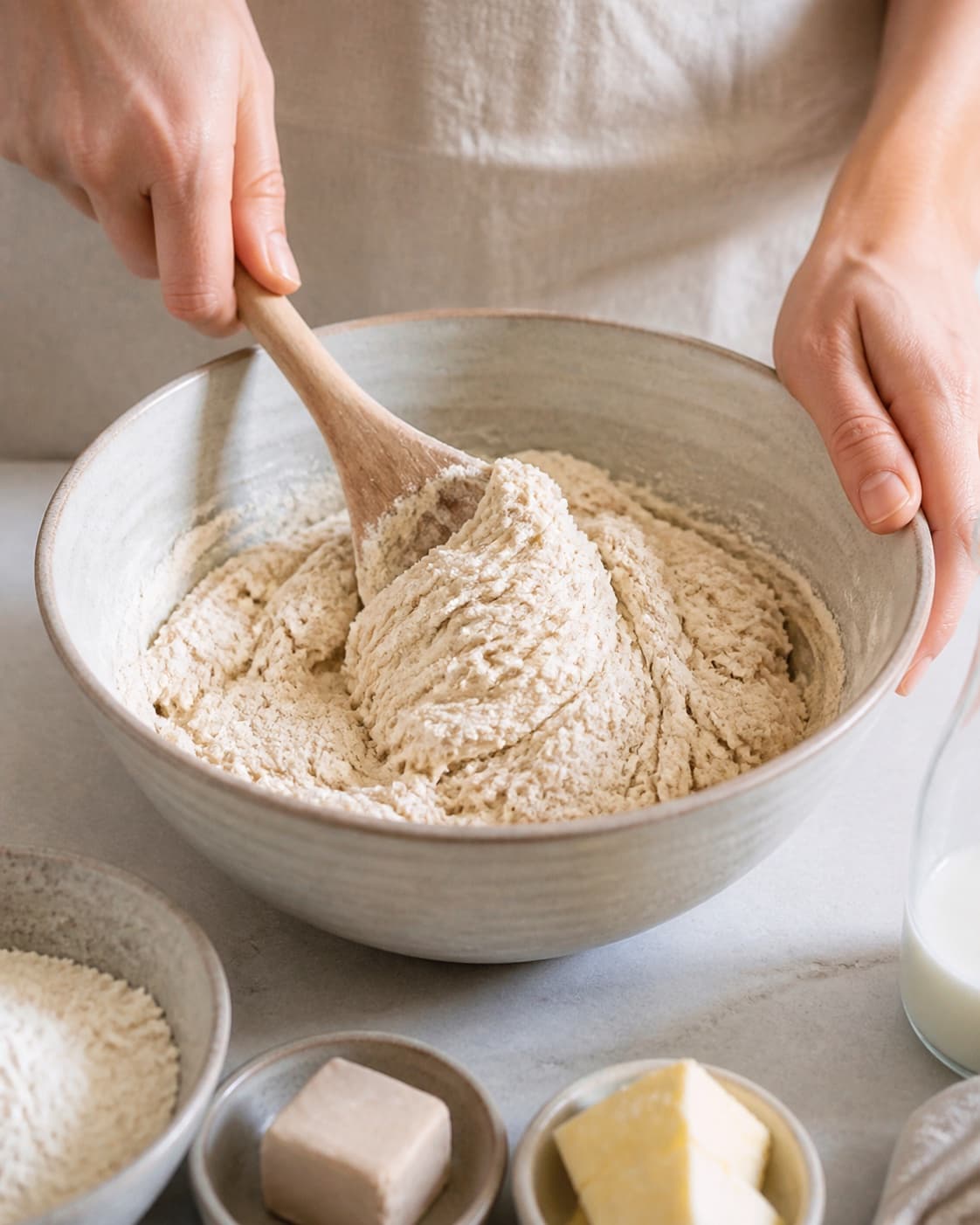 The batter or dough for sunde kanelsnurrer uden raffineret sukker being gently combined under tilberedningen af sunde kanelsnurrer uden raffineret sukker