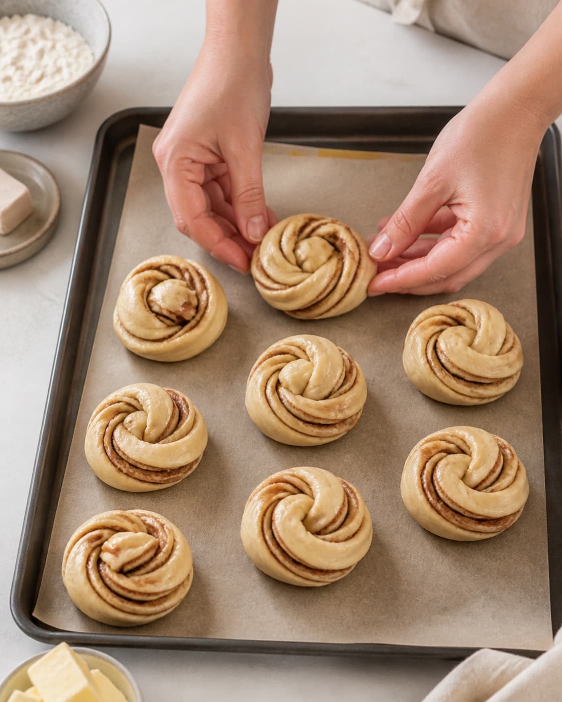 sunde kanelsnurrer uden raffineret sukker being portioned evenly before baking under tilberedningen af sunde kanelsnurrer uden raffineret sukker