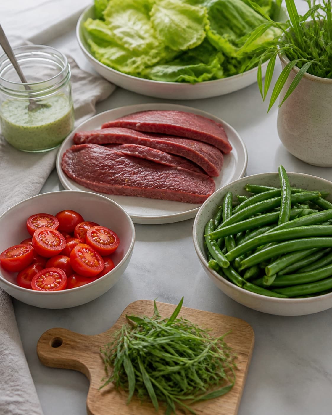 Clean prepared ingredients for steak salat med bønner og estragondressing with flanksteak, grønne bønner, salatblade, frisk estragon under tilberedningen af steak salat med bønner og estragondressing