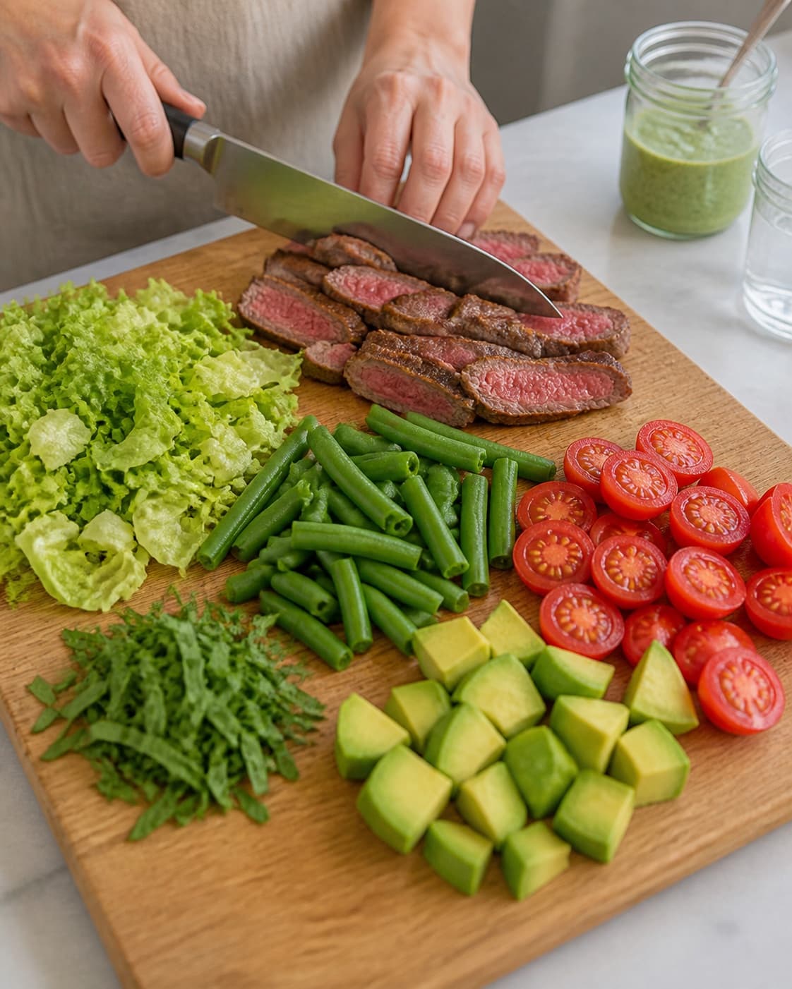 Ingredients for steak salat med bønner og estragondressing being cut into even pieces under tilberedningen af steak salat med bønner og estragondressing