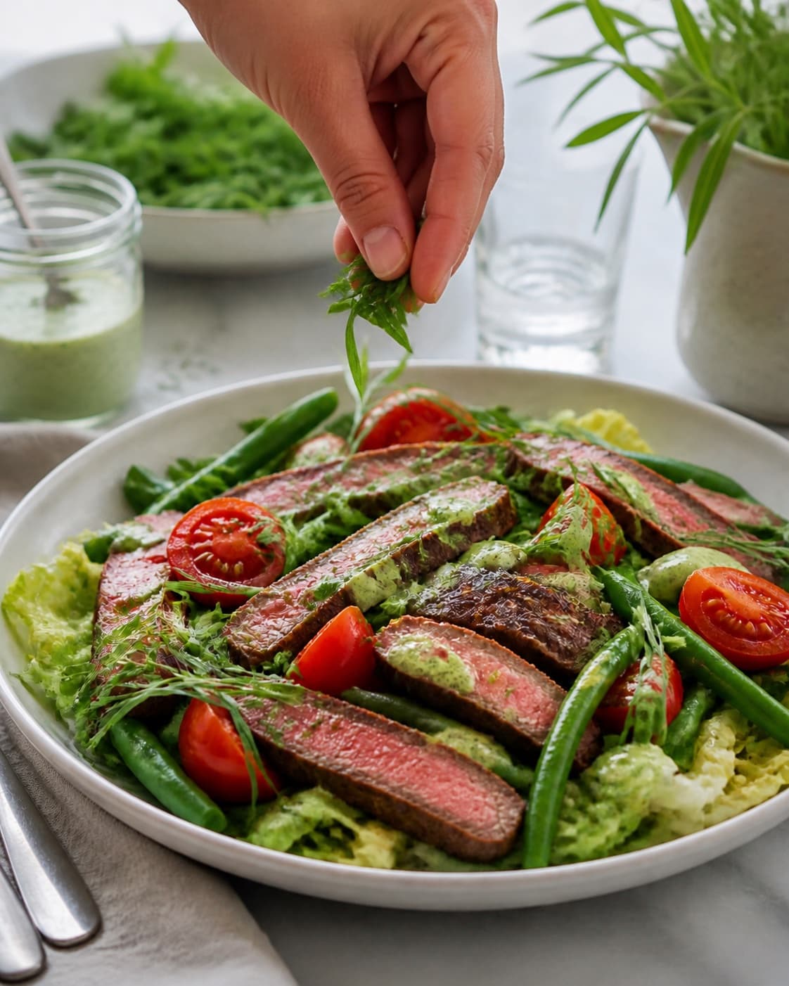 Fresh finished steak salat med bønner og estragondressing receiving its final garnish under tilberedningen af steak salat med bønner og estragondressing