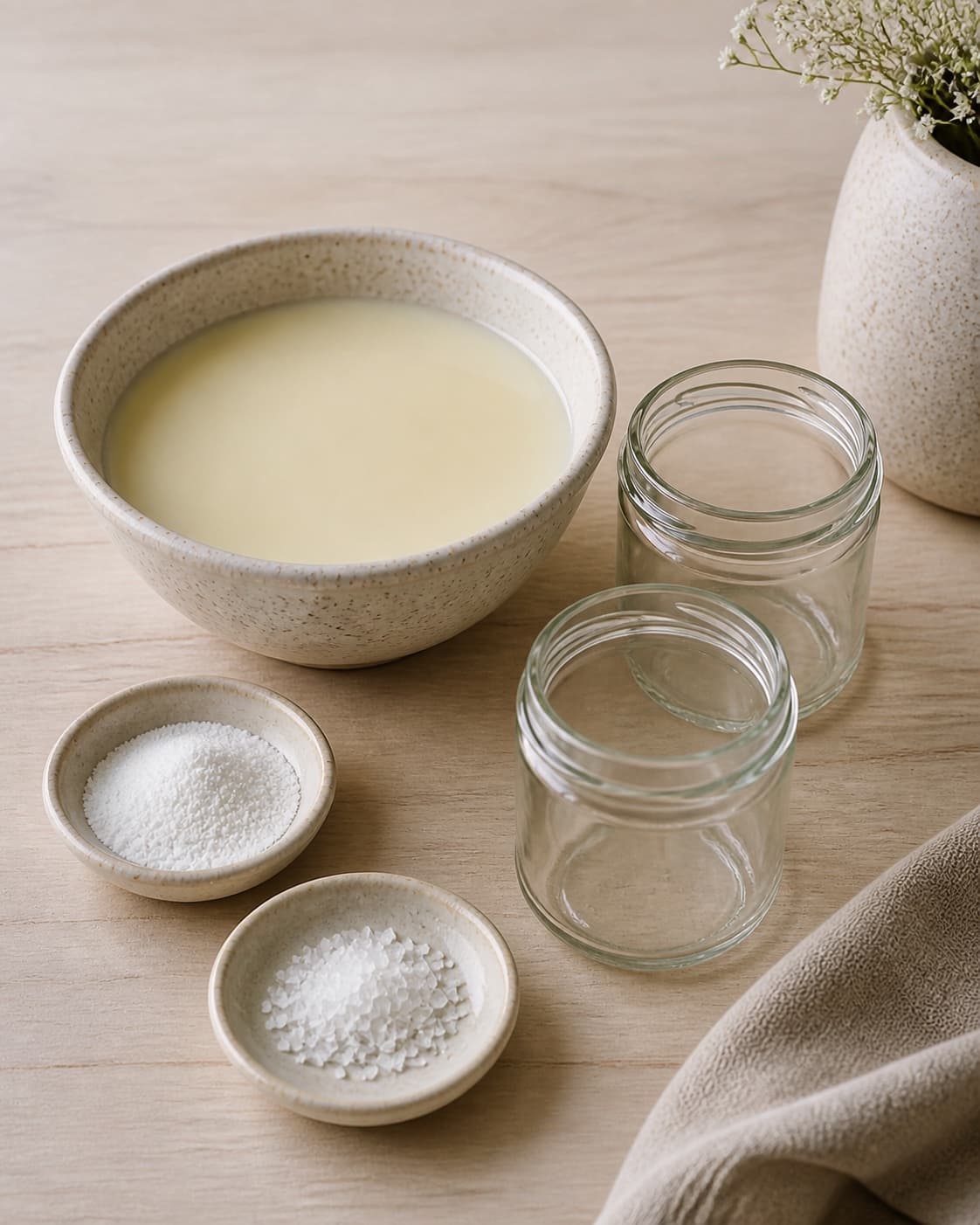 Clean measured ingredients and prepared jars for dulce de leche af kondenseret mælk with kondenseret mælk, vaniljesukker, fint salt under tilberedningen af dulce de leche af kondenseret mælk