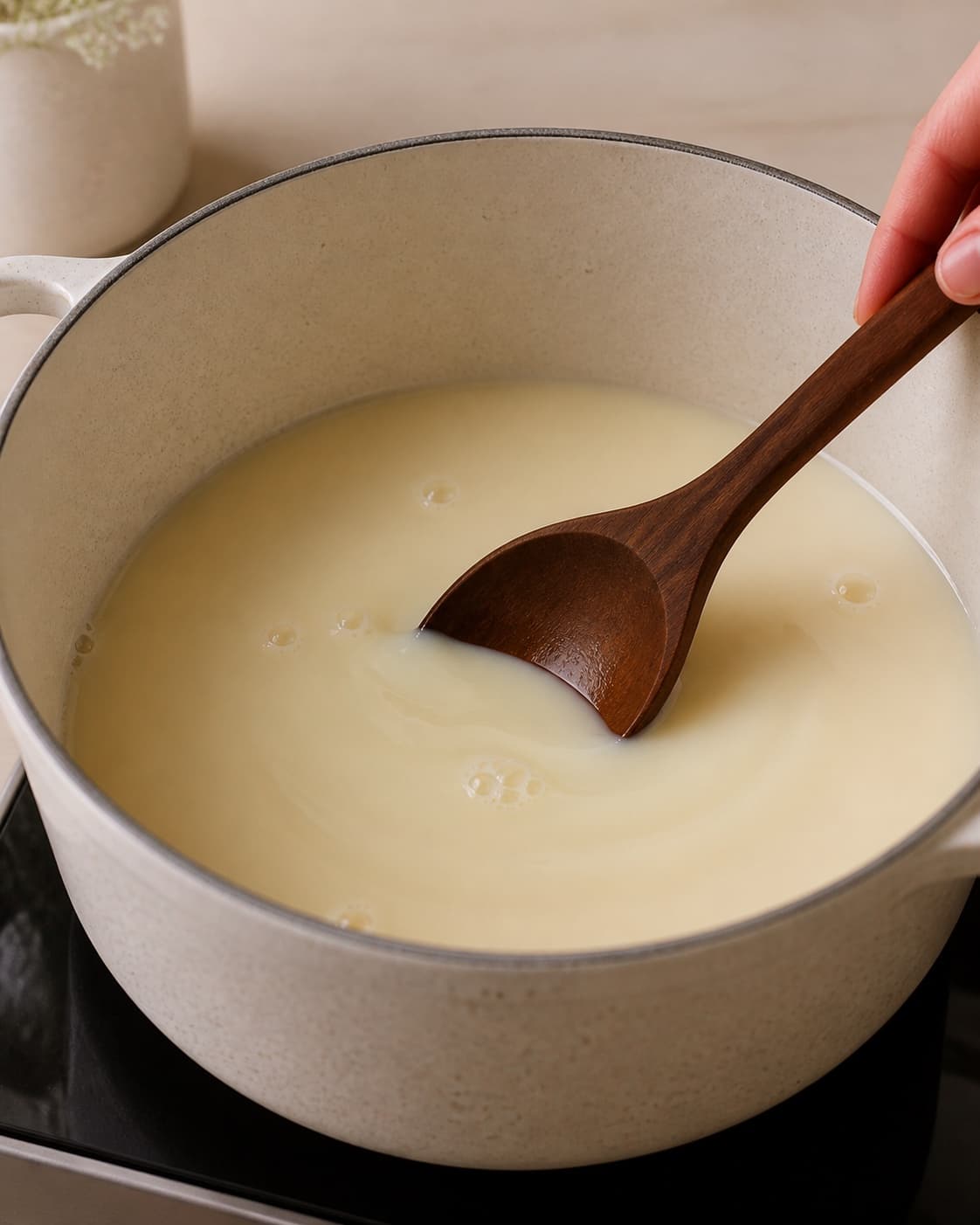 Ingredients for dulce de leche af kondenseret mælk gently releasing juice in a pot under tilberedningen af dulce de leche af kondenseret mælk