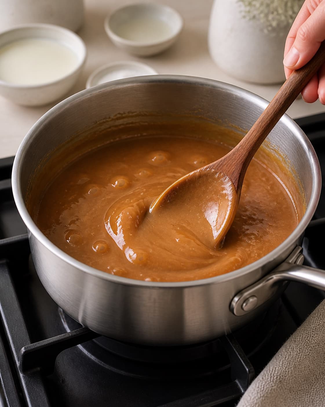 dulce de leche af kondenseret mælk simmering to a glossy even consistency under tilberedningen af dulce de leche af kondenseret mælk