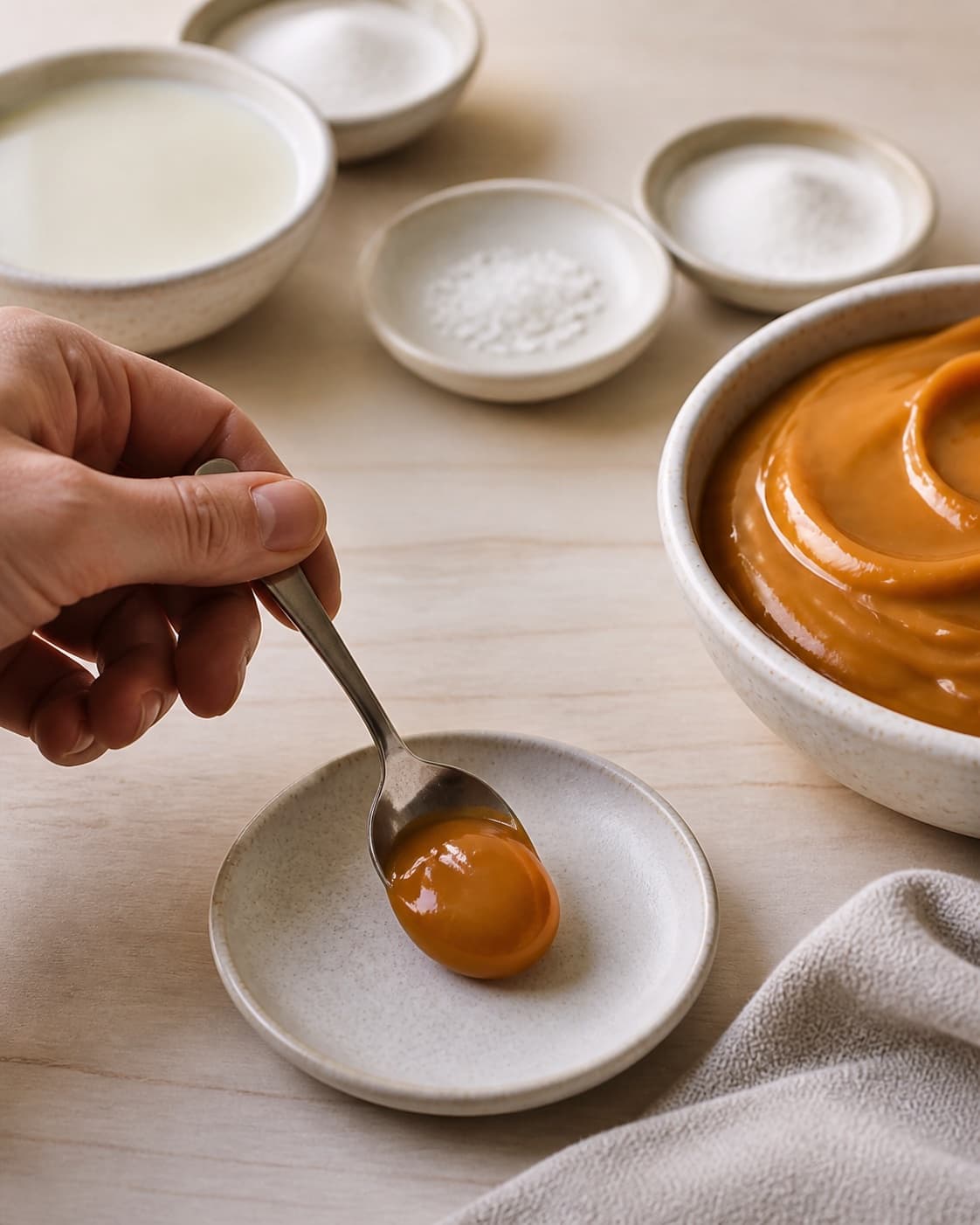 A chilled consistency test for dulce de leche af kondenseret mælk on a small plate under tilberedningen af dulce de leche af kondenseret mælk