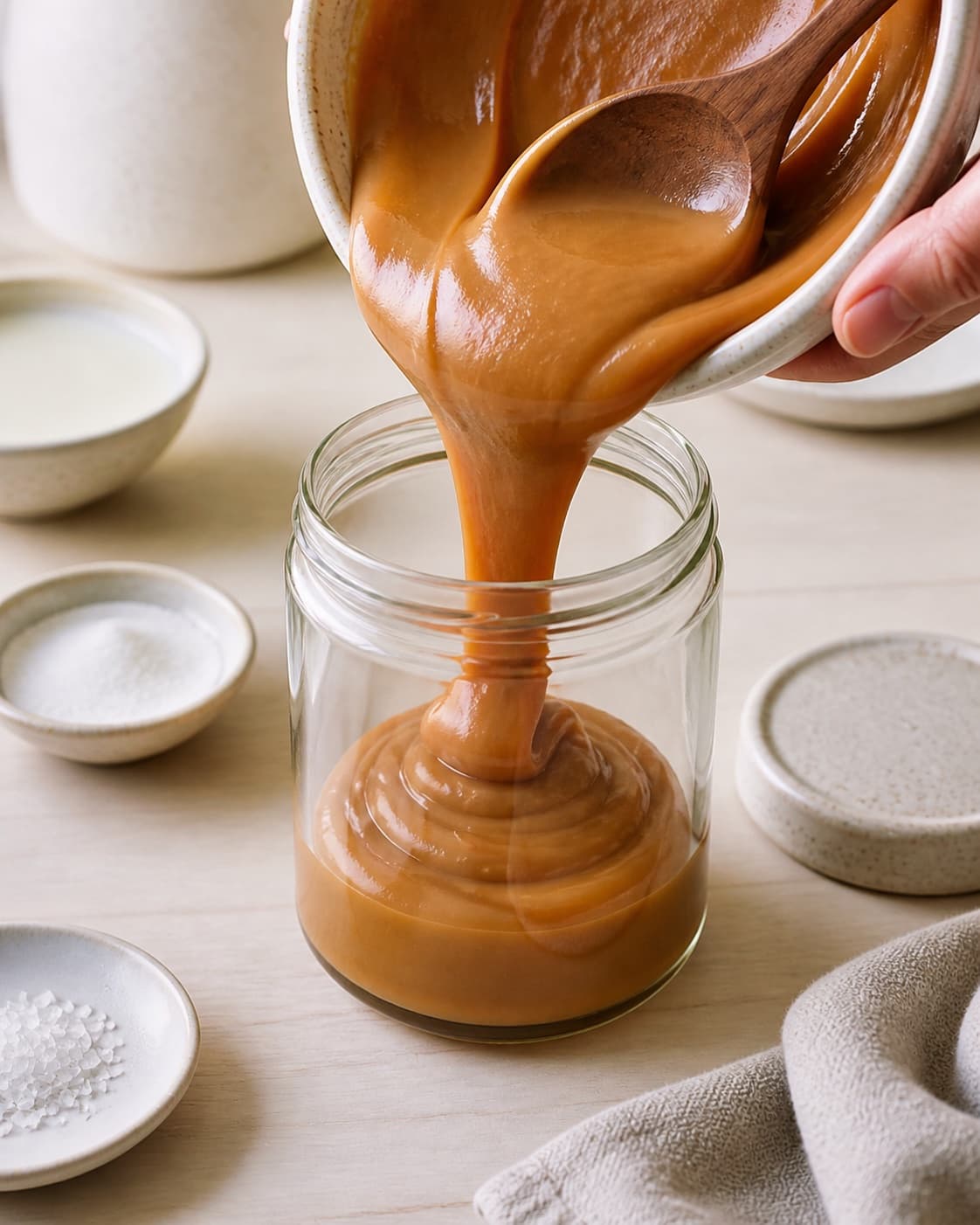 Hot finished dulce de leche af kondenseret mælk being carefully transferred into a clean jar under tilberedningen af dulce de leche af kondenseret mælk