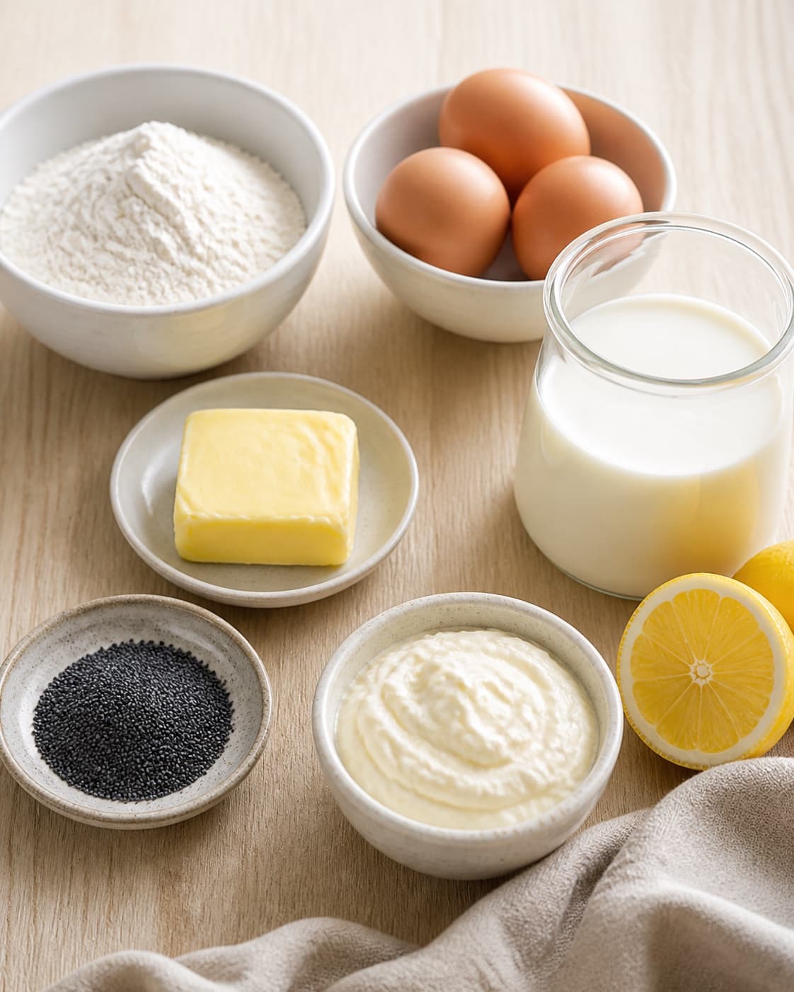 Measured ingredients for citronvafler med blå birkes og vaniljecreme arranged separately with hvedemel, æg, sødmælk, smør under tilberedningen af citronvafler med blå birkes og vaniljecreme