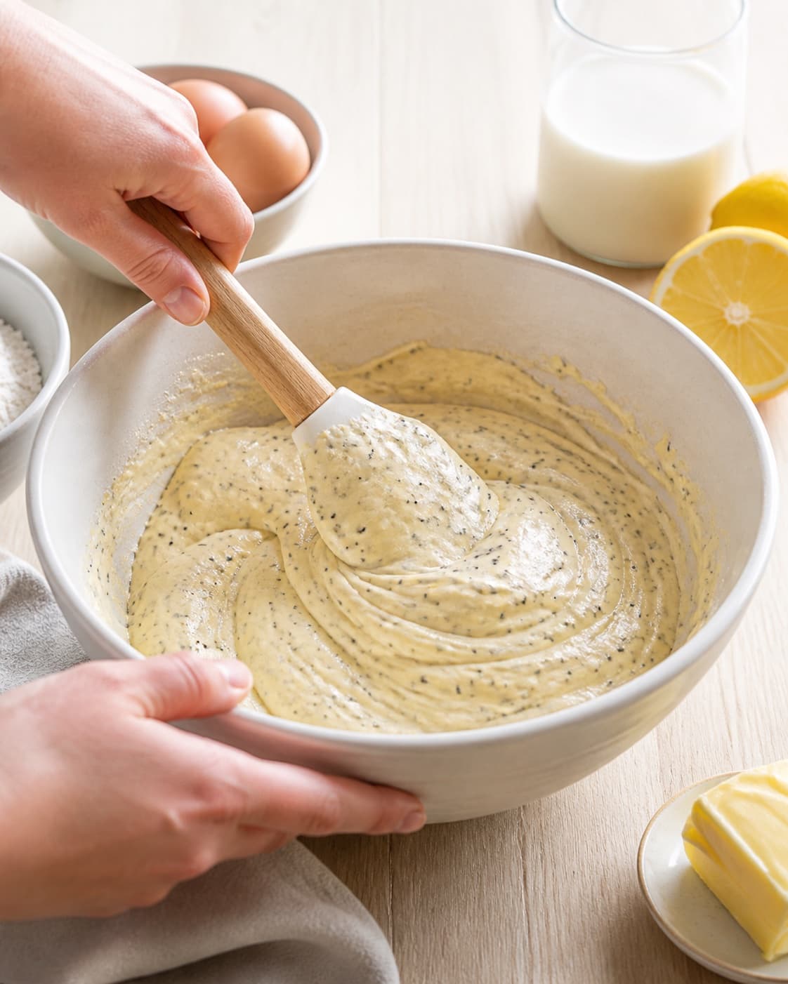 The batter or dough for citronvafler med blå birkes og vaniljecreme being gently combined under tilberedningen af citronvafler med blå birkes og vaniljecreme