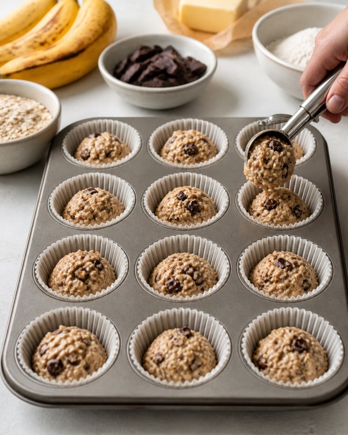 sunde bananmuffins med chokolade being portioned evenly before baking under tilberedningen af sunde bananmuffins med chokolade