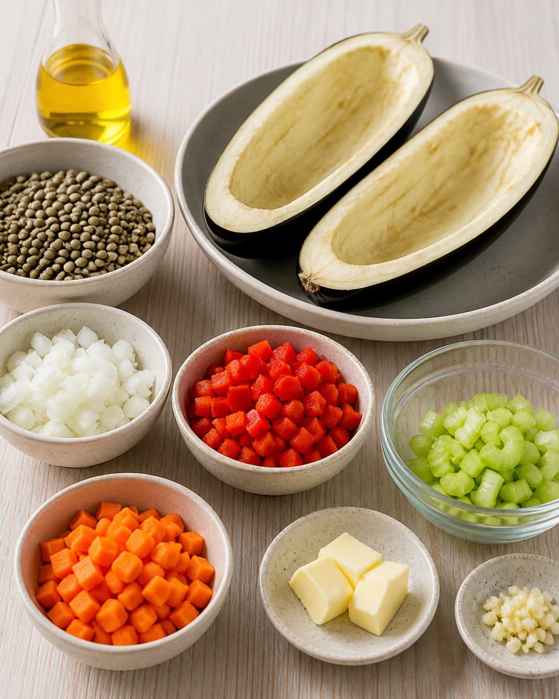 Prepared dry ingredients for fyldte auberginer med linser og grøntsager with auberginer, grønne linser, smør, rapsolie under tilberedningen af fyldte auberginer med linser og grøntsager