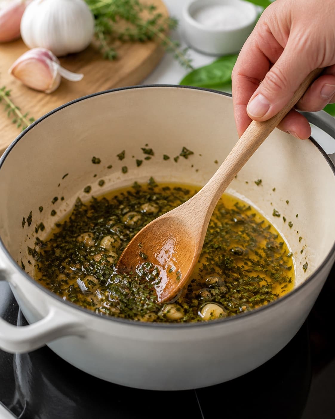 Aromatic base for ovnbagte tomater med krydderurter gently cooking in a pot under tilberedningen af ovnbagte tomater med krydderurter