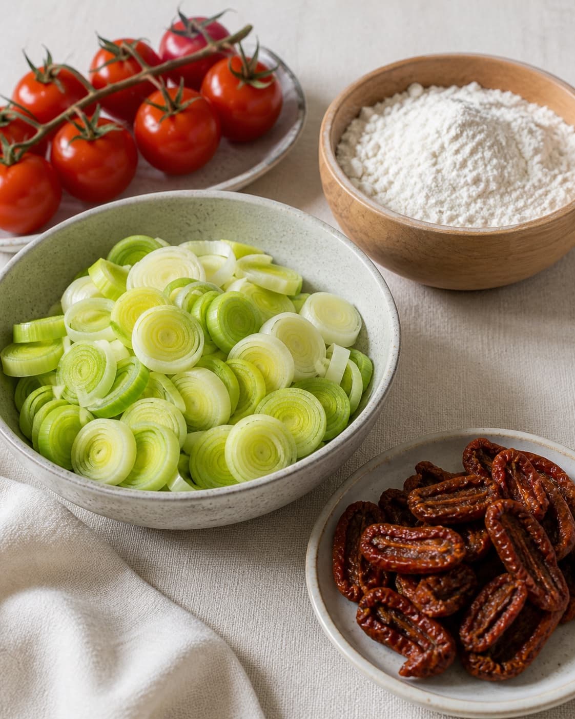 Measured ingredients for vegetarisk tærte med porrer og soltørrede tomater arranged separately with soltørrede tomater, modne tomater, porrer, hvedemel under tilberedningen af vegetarisk tærte med porrer og soltørrede tomater